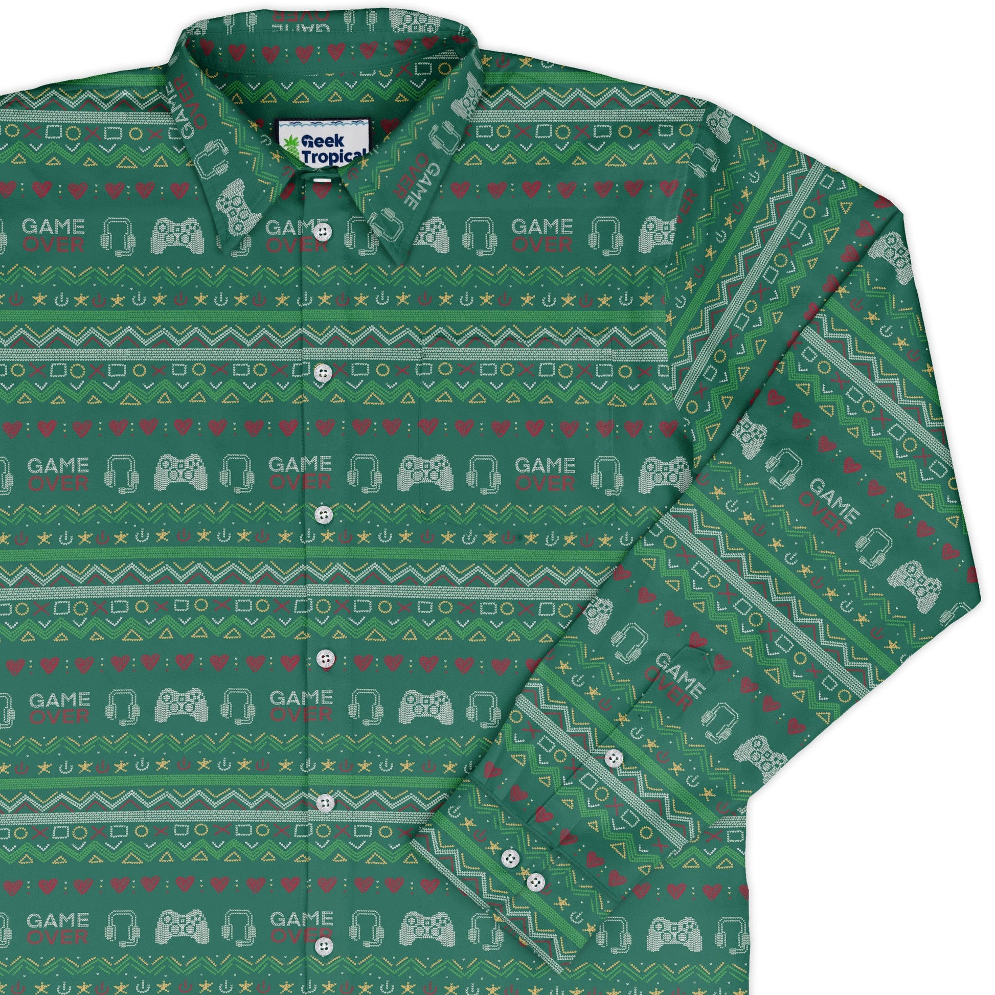 Ugly Christmas Sweater Video Gamer Long Sleeve Button Up Shirt