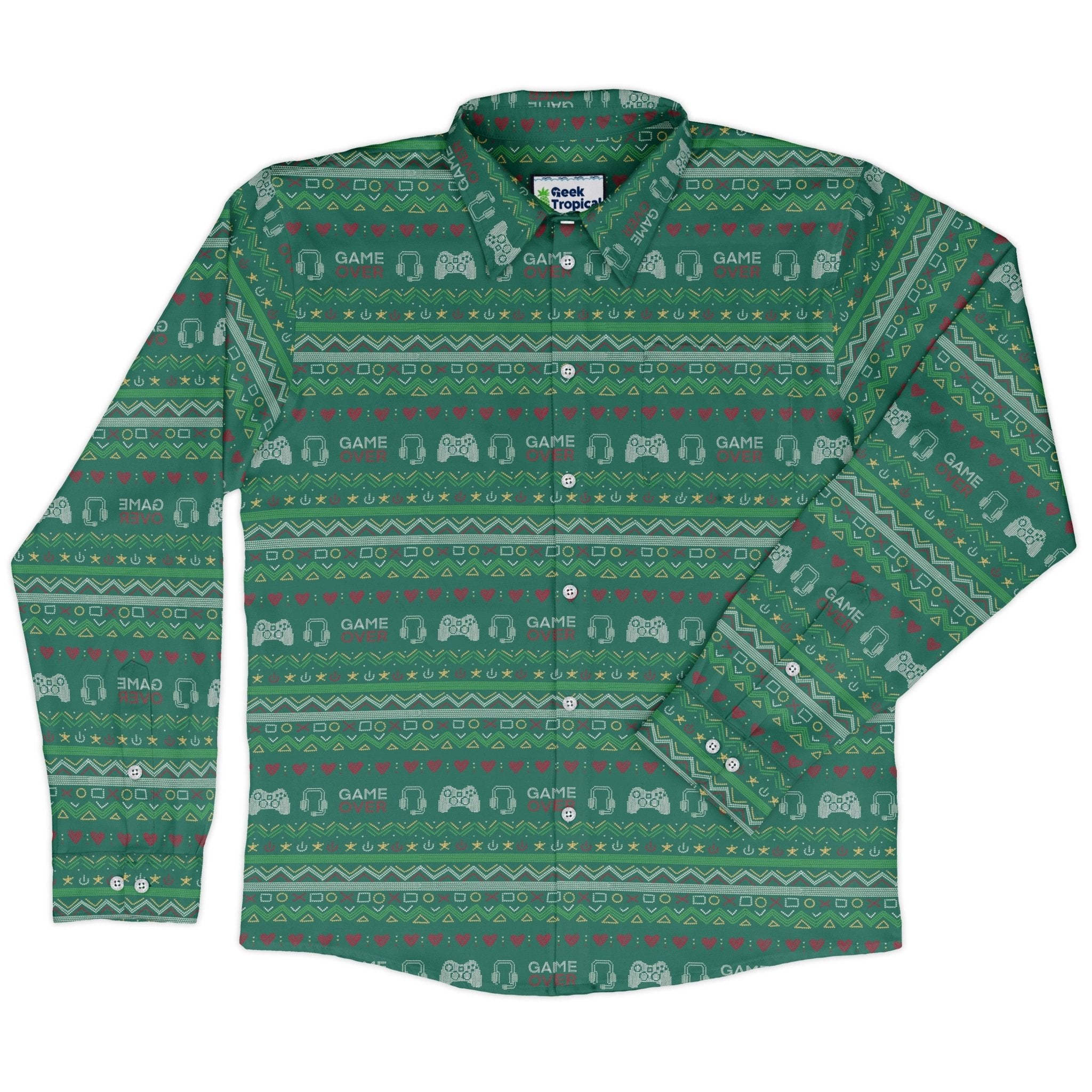 Ugly Christmas Sweater Video Gamer Long Sleeve Button Up Shirt Geek Nerd adult sizing Christmas Print Design by Claire Murphy