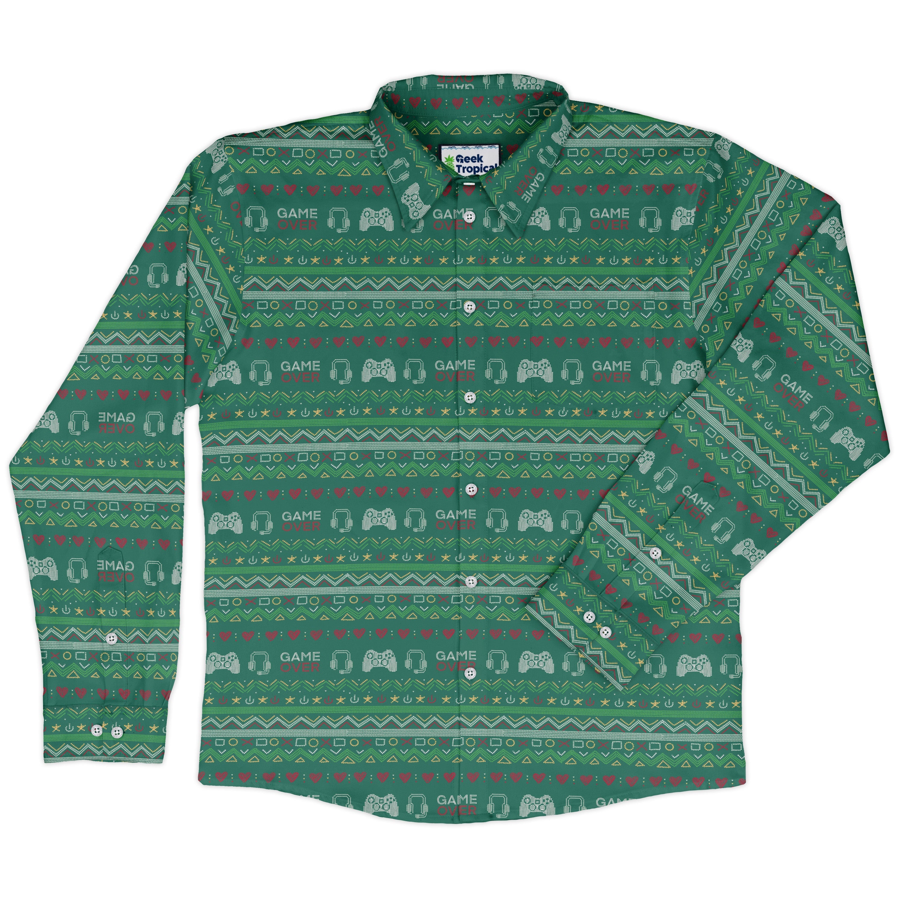 Ugly Christmas Sweater Video Gamer Long Sleeve Button Up Shirt