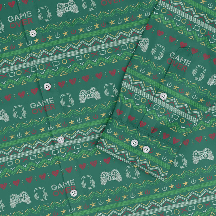 Ugly Christmas Sweater Video Gamer Long Sleeve Button Up Shirt Geek Nerd adult sizing Christmas Print Design by Claire Murphy
