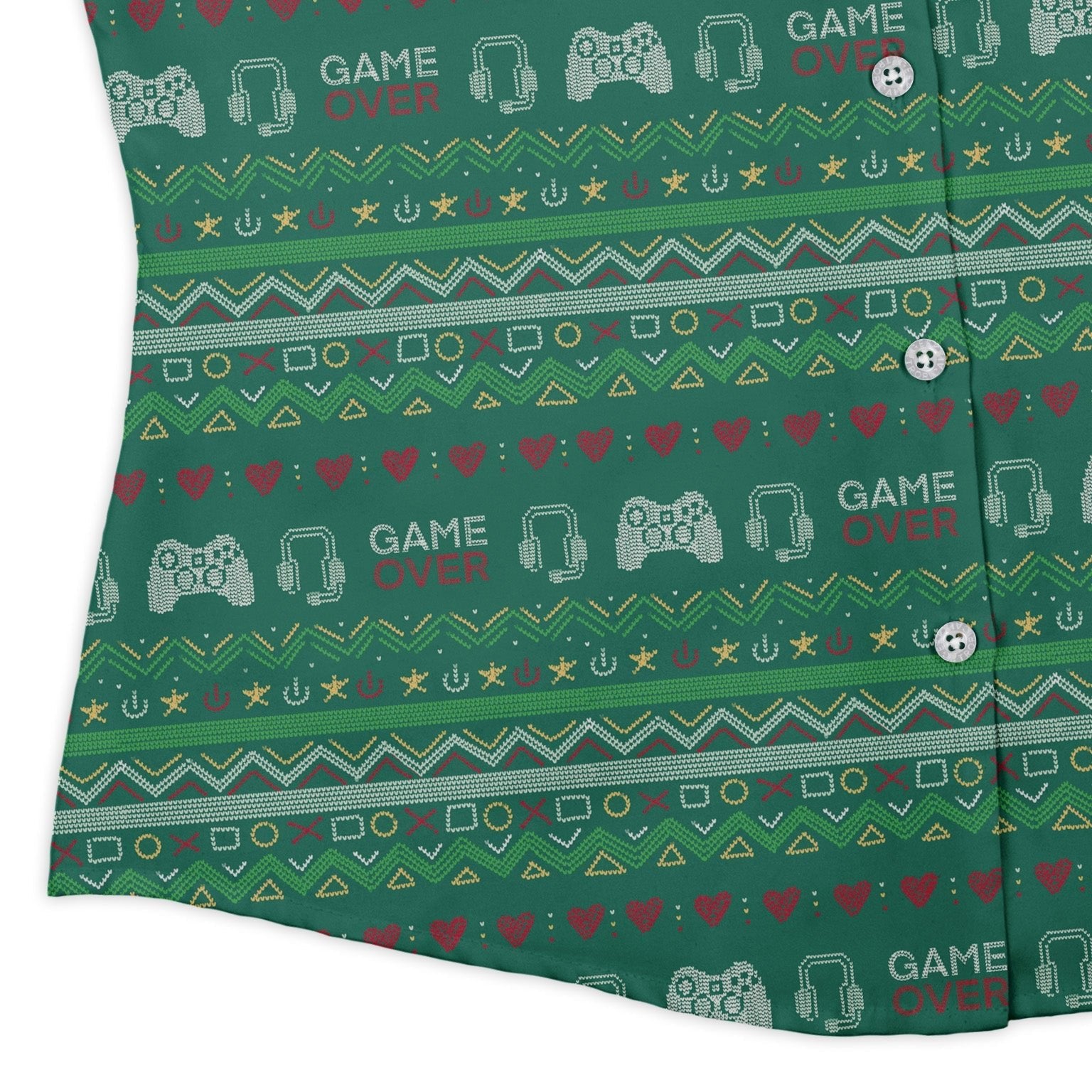 Ugly Christmas Sweater Video Gamer Curvy Button Up Shirt Geek Nerd Christmas Print Design by Claire Murphy video game arcade print