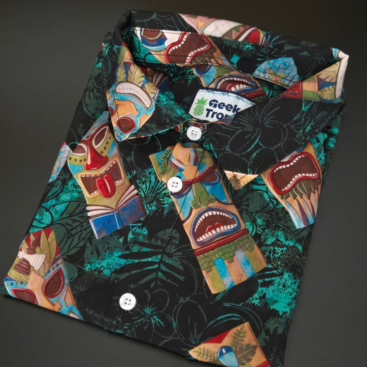 Geek Tiki Masks Dark Green Button Up Shirt 3