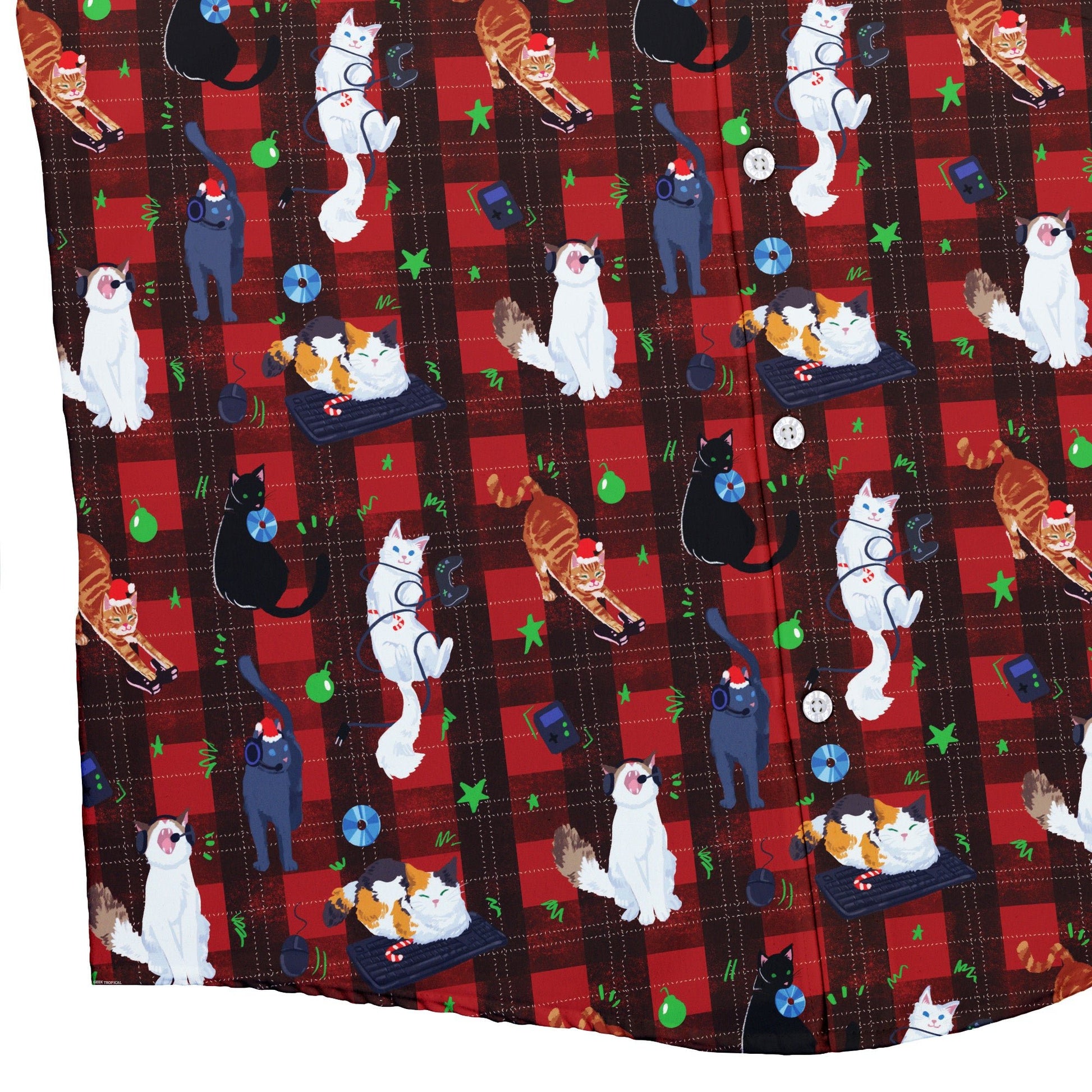 Video Game Cats Christmas Button Up Shirt Geek Nerd adult sizing Christmas Print Design by Claire Murphy