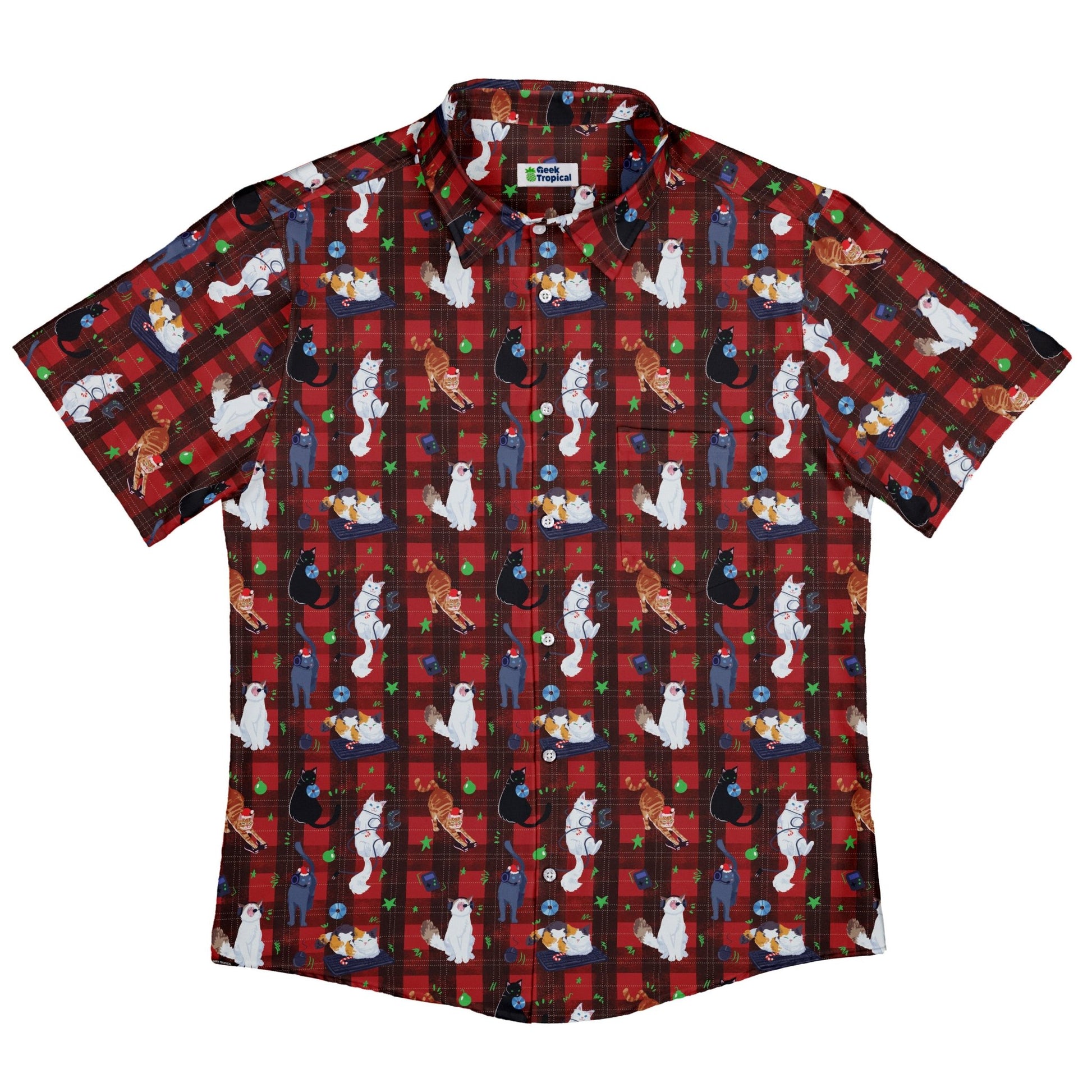 Video Game Cats Christmas Button Up Shirt Geek Nerd adult sizing Christmas Print Design by Claire Murphy