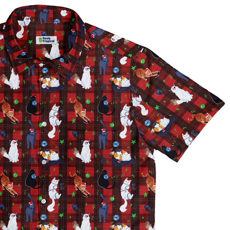 Video Game Cats Christmas Button Up Shirt Geek Nerd adult sizing Christmas Print Design by Claire Murphy