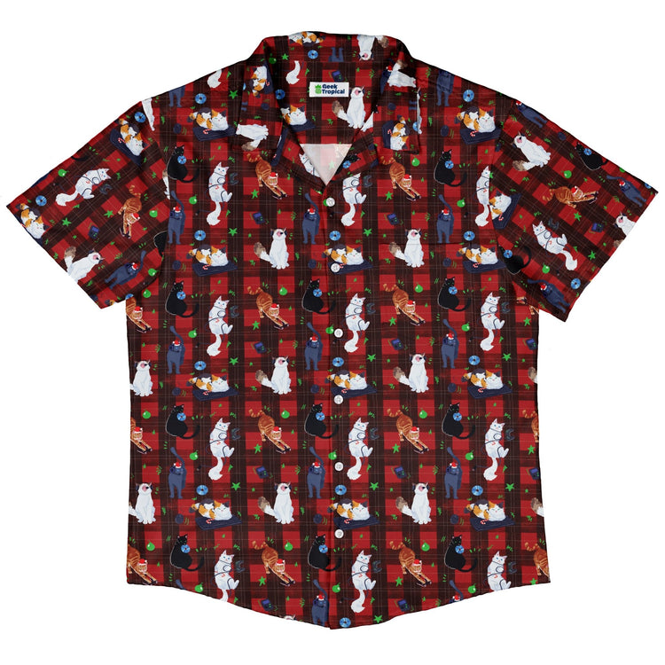 Video Game Cats Christmas Button Up Shirt Geek Nerd adult sizing Christmas Print Design by Claire Murphy