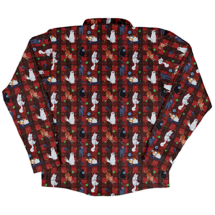 Video Game Cats Christmas Long Sleeve Button Up Shirt Geek Nerd adult sizing Christmas Print Design by Claire Murphy
