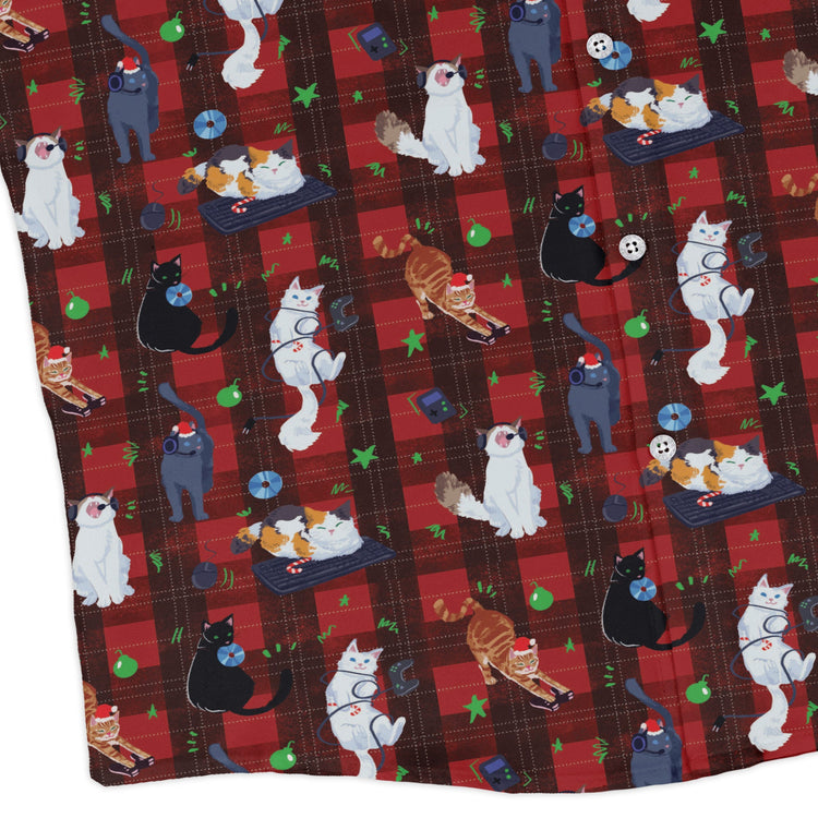 Video Game Cats Christmas Long Sleeve Button Up Shirt Geek Nerd adult sizing Christmas Print Design by Claire Murphy