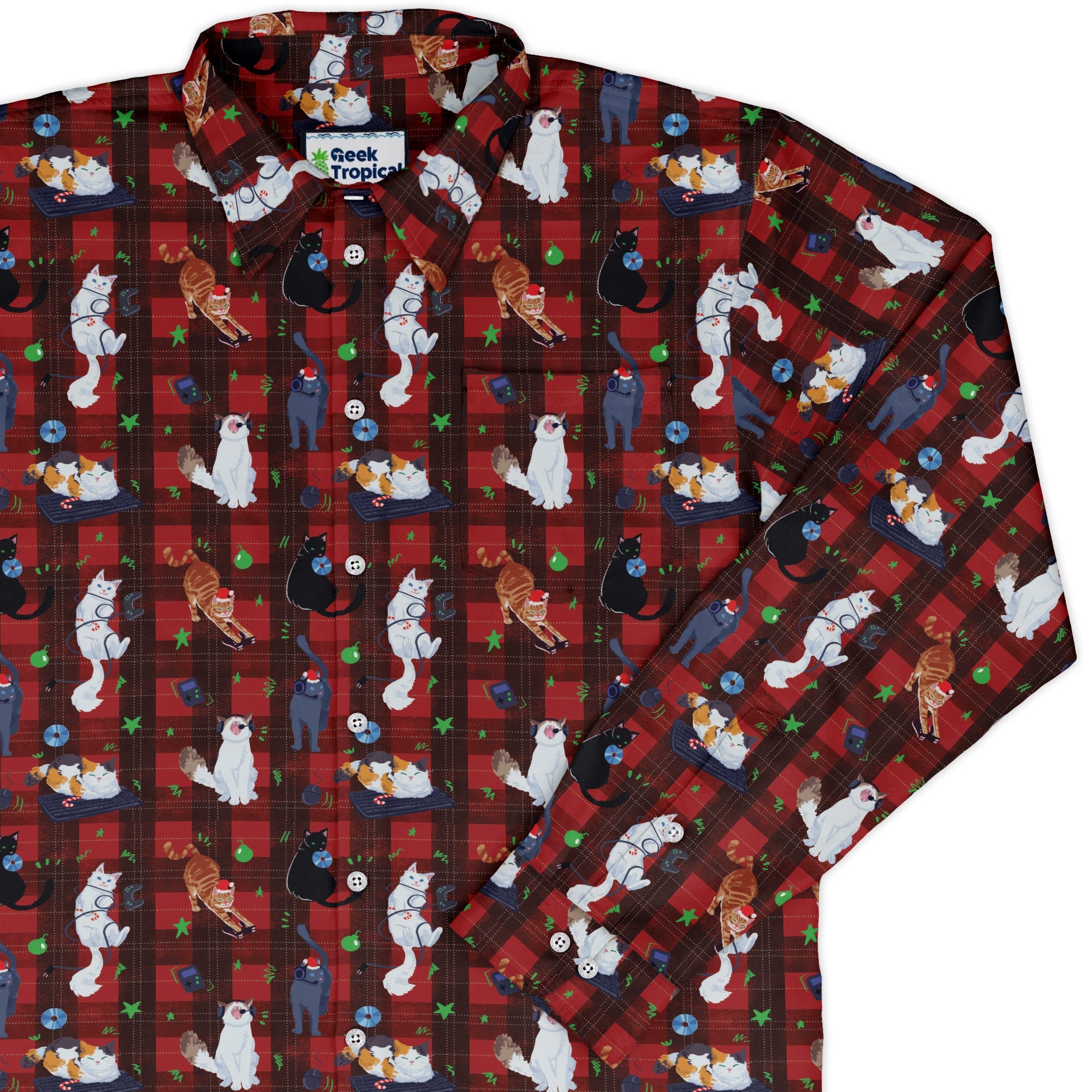 Video Game Cats Christmas Long Sleeve Button Up Shirt