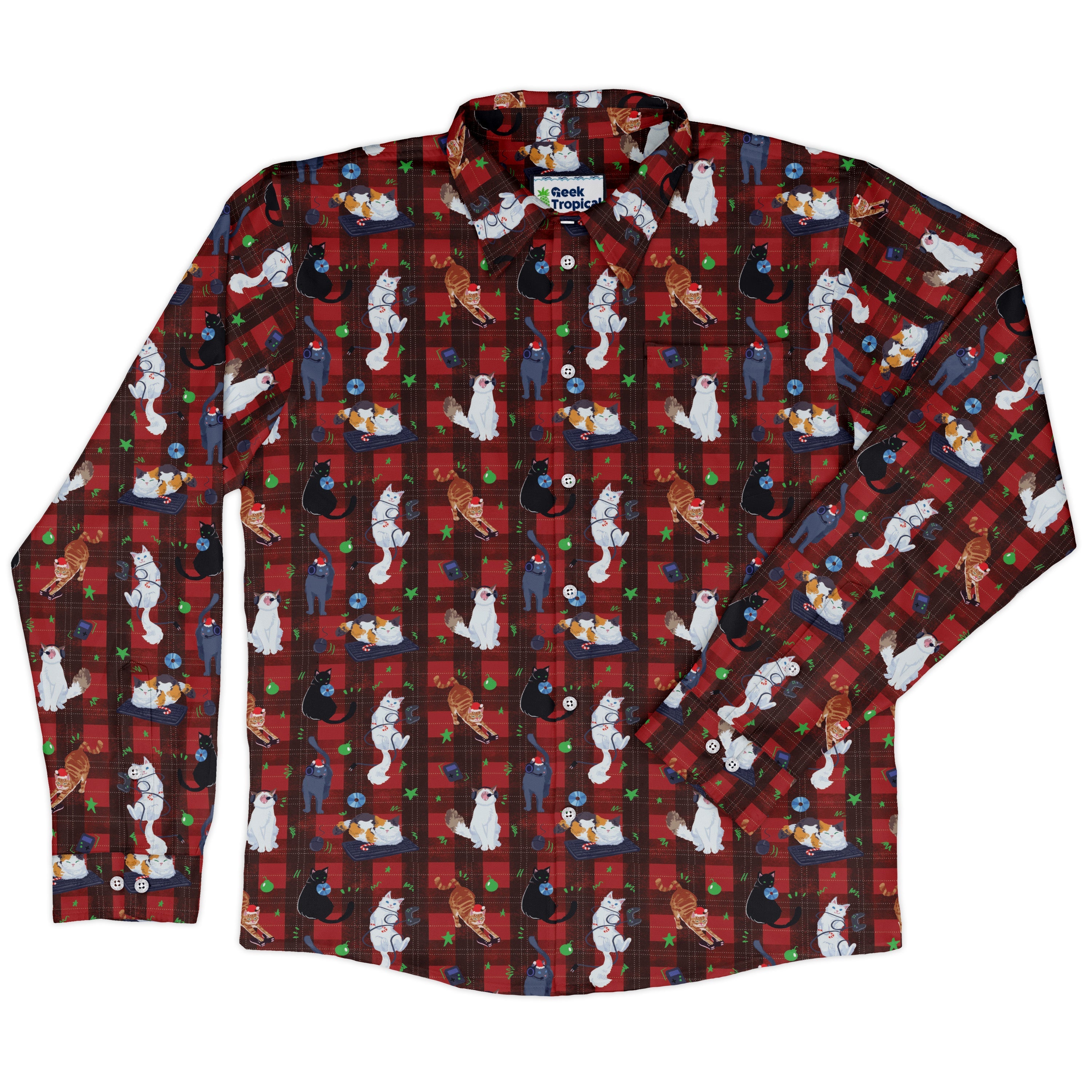 Video Game Cats Christmas Long Sleeve Button Up Shirt