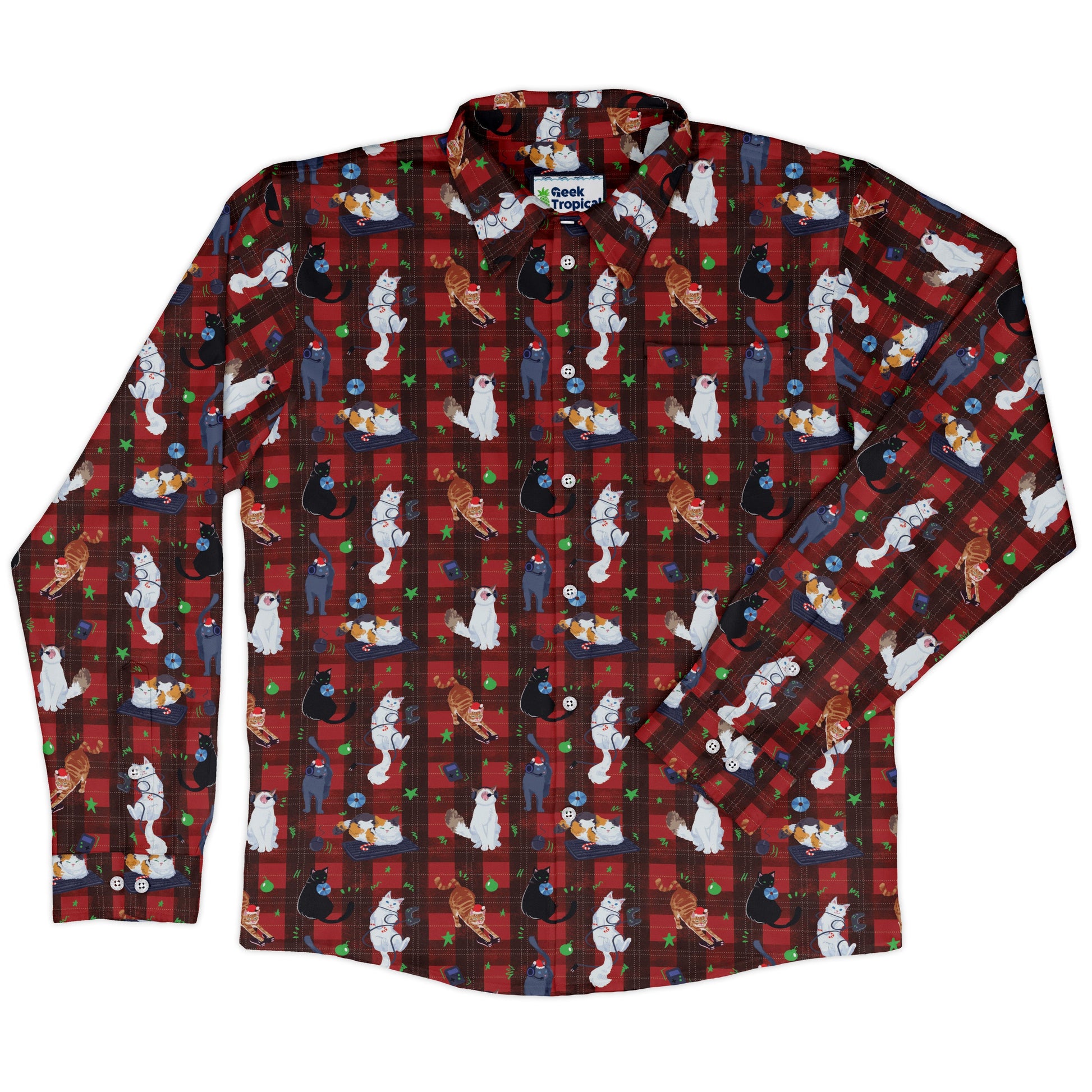 Video Game Cats Christmas Long Sleeve Button Up Shirt