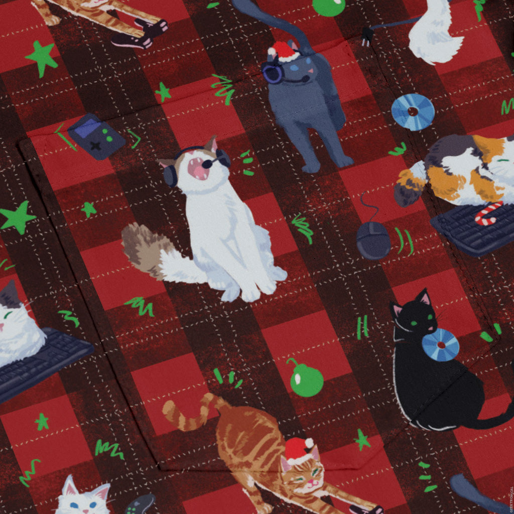 Video Game Cats Christmas Long Sleeve Button Up Shirt