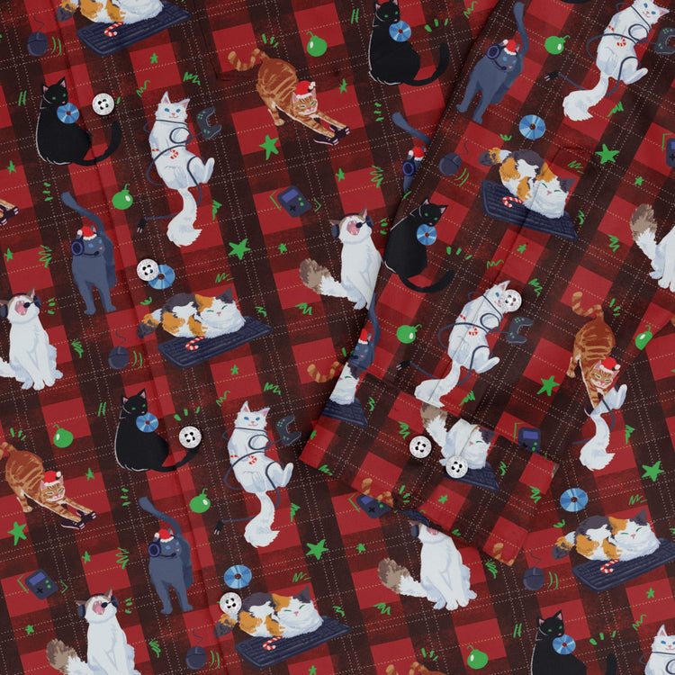 Video Game Cats Christmas Long Sleeve Button Up Shirt Geek Nerd adult sizing Christmas Print Design by Claire Murphy
