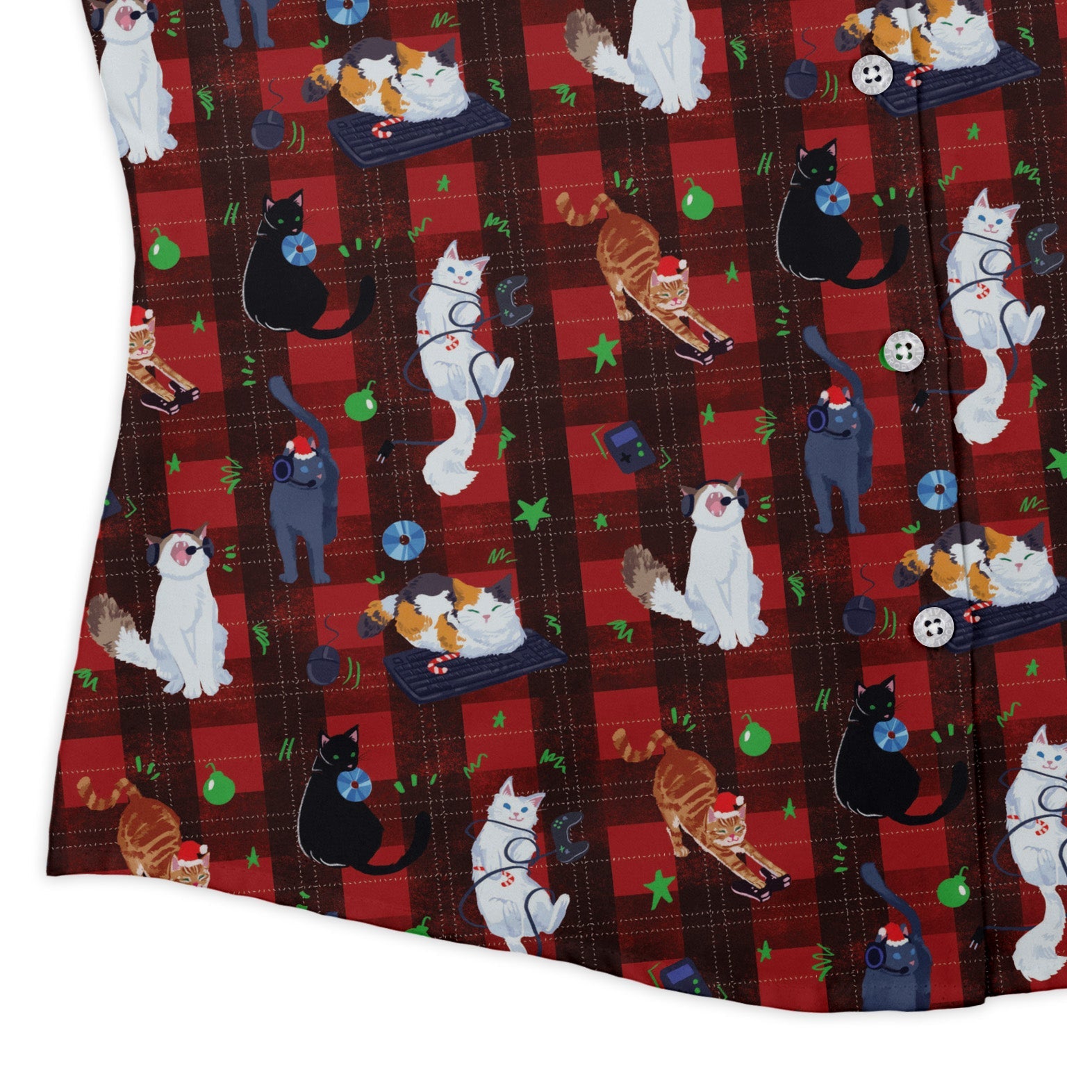 Video Game Cats Christmas Curvy Button Up Shirt Geek Nerd Christmas Print Design by Claire Murphy video game arcade print