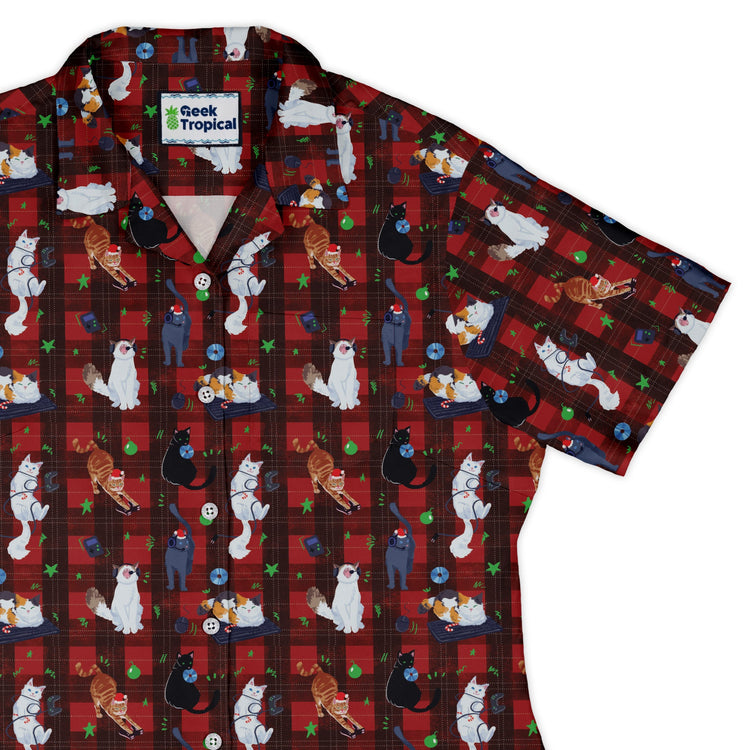 Video Game Cats Christmas Curvy Button Up Shirt Geek Nerd Christmas Print Design by Claire Murphy video game arcade print