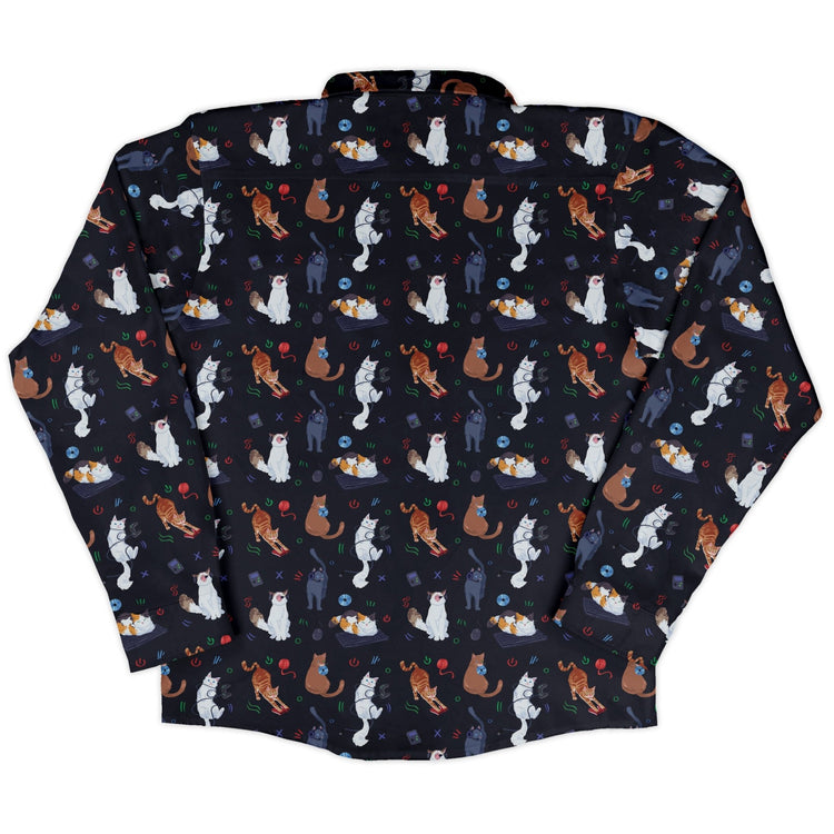 Video Game Cats Dark Long Sleeve Button Up Shirt Geek Nerd adult sizing Animal Patterns Design by Claire Murphy