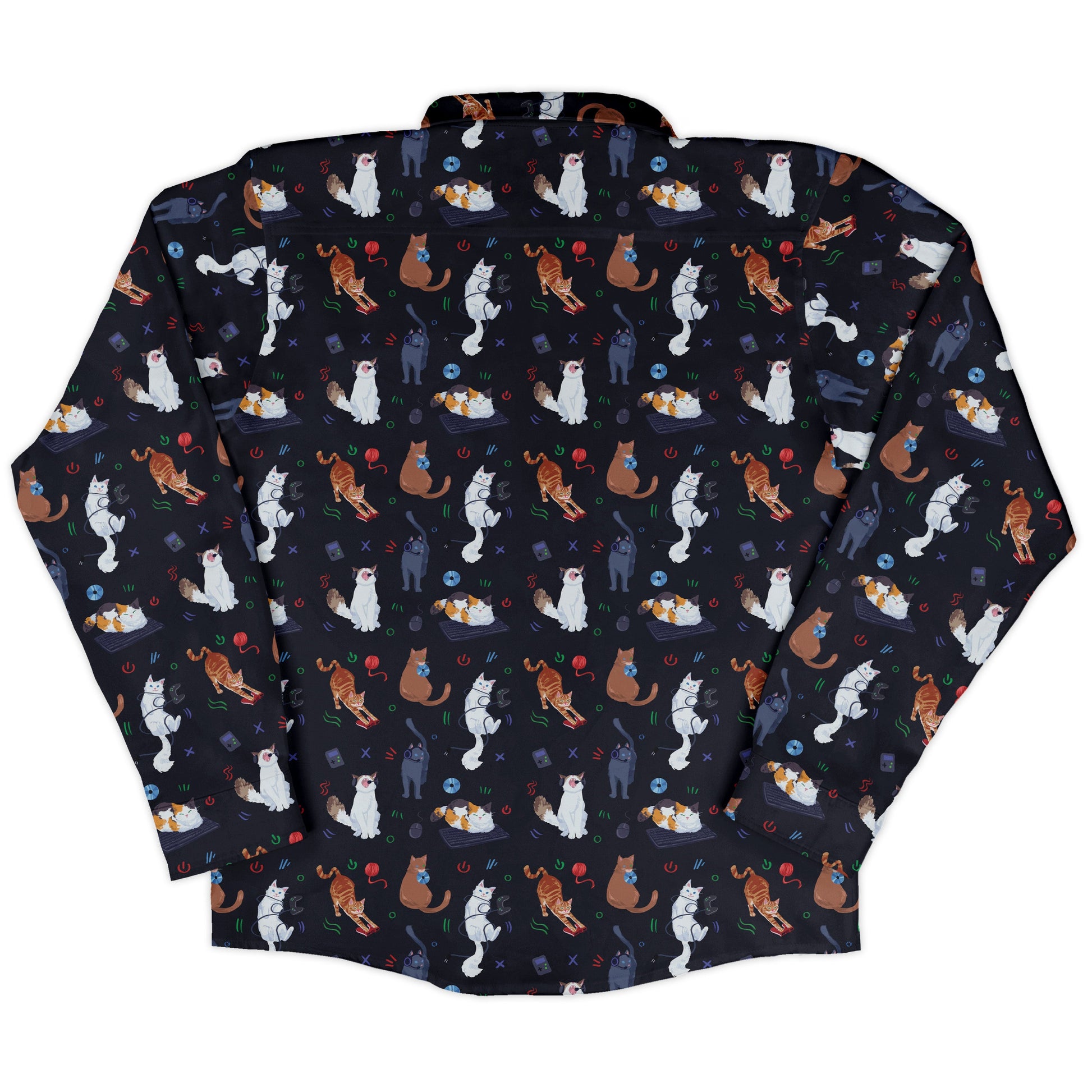 Video Game Cats Dark Long Sleeve Button Up Shirt