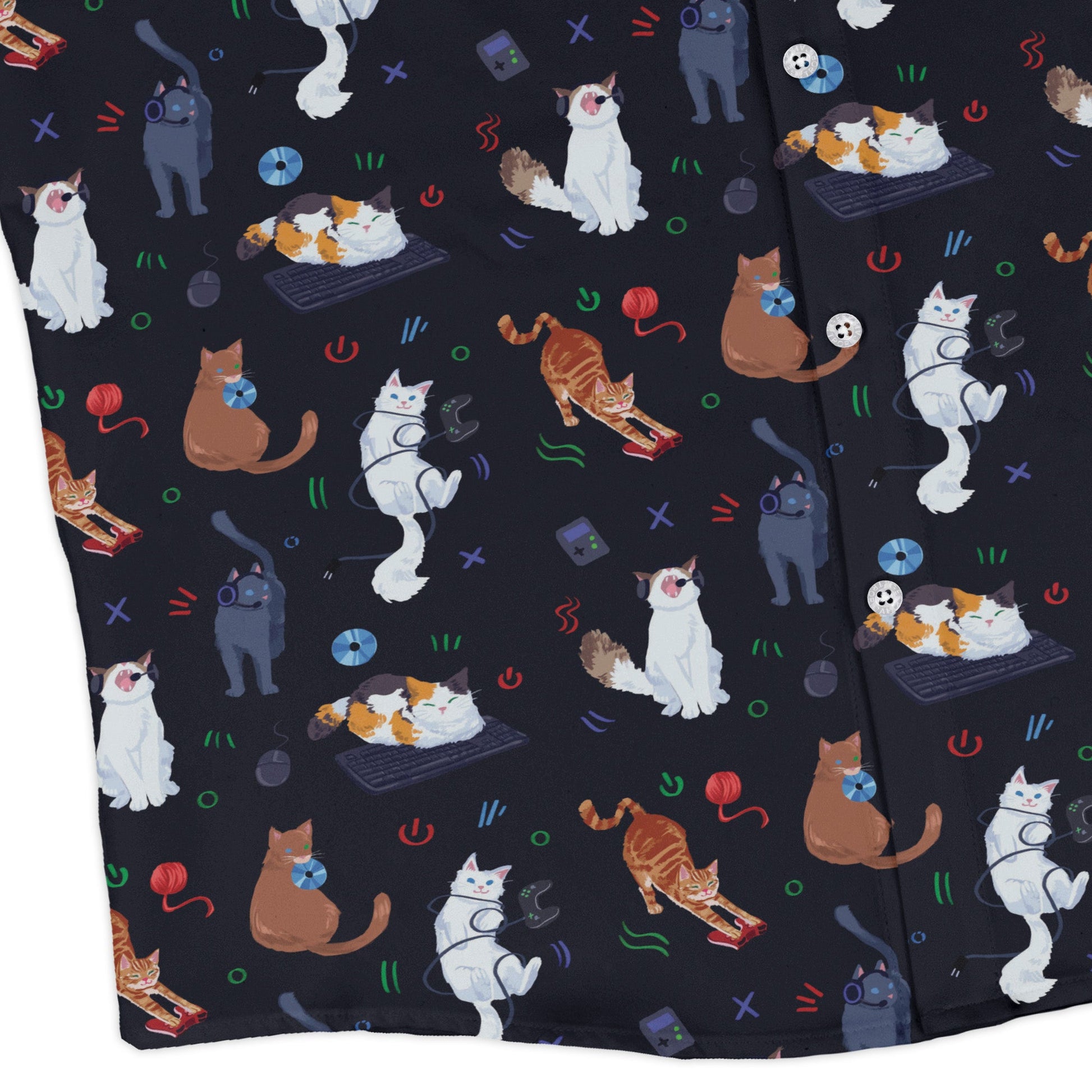 Video Game Cats Dark Long Sleeve Button Up Shirt