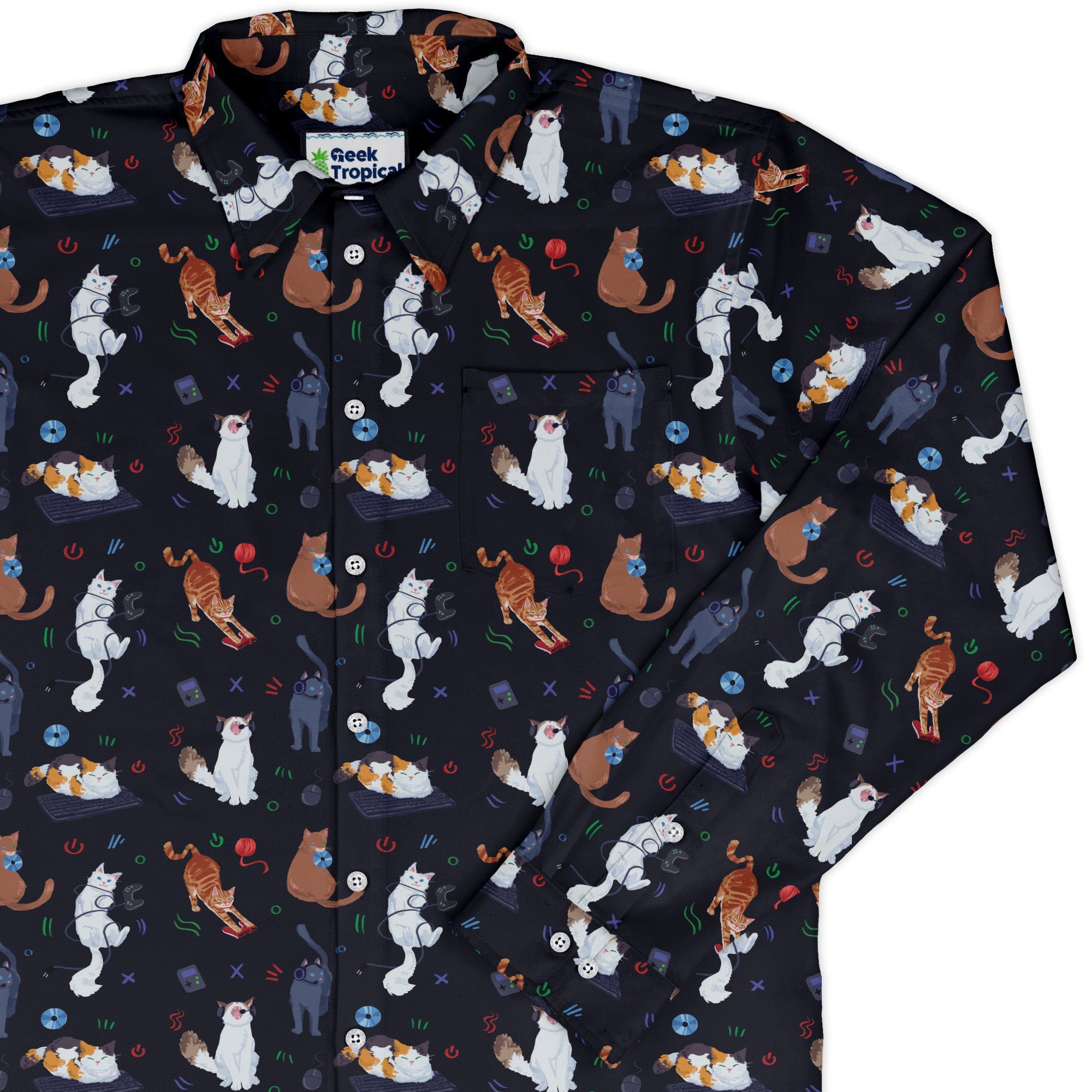 Video Game Cats Dark Long Sleeve Button Up Shirt