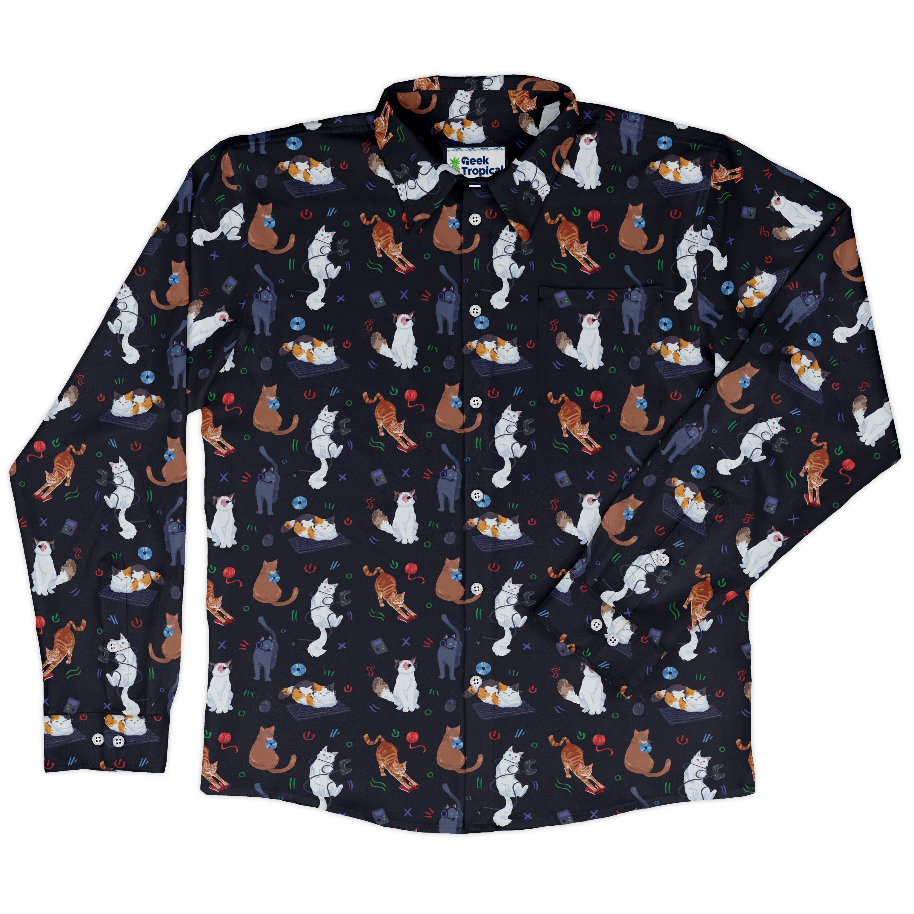 Video Game Cats Dark Long Sleeve Button Up Shirt