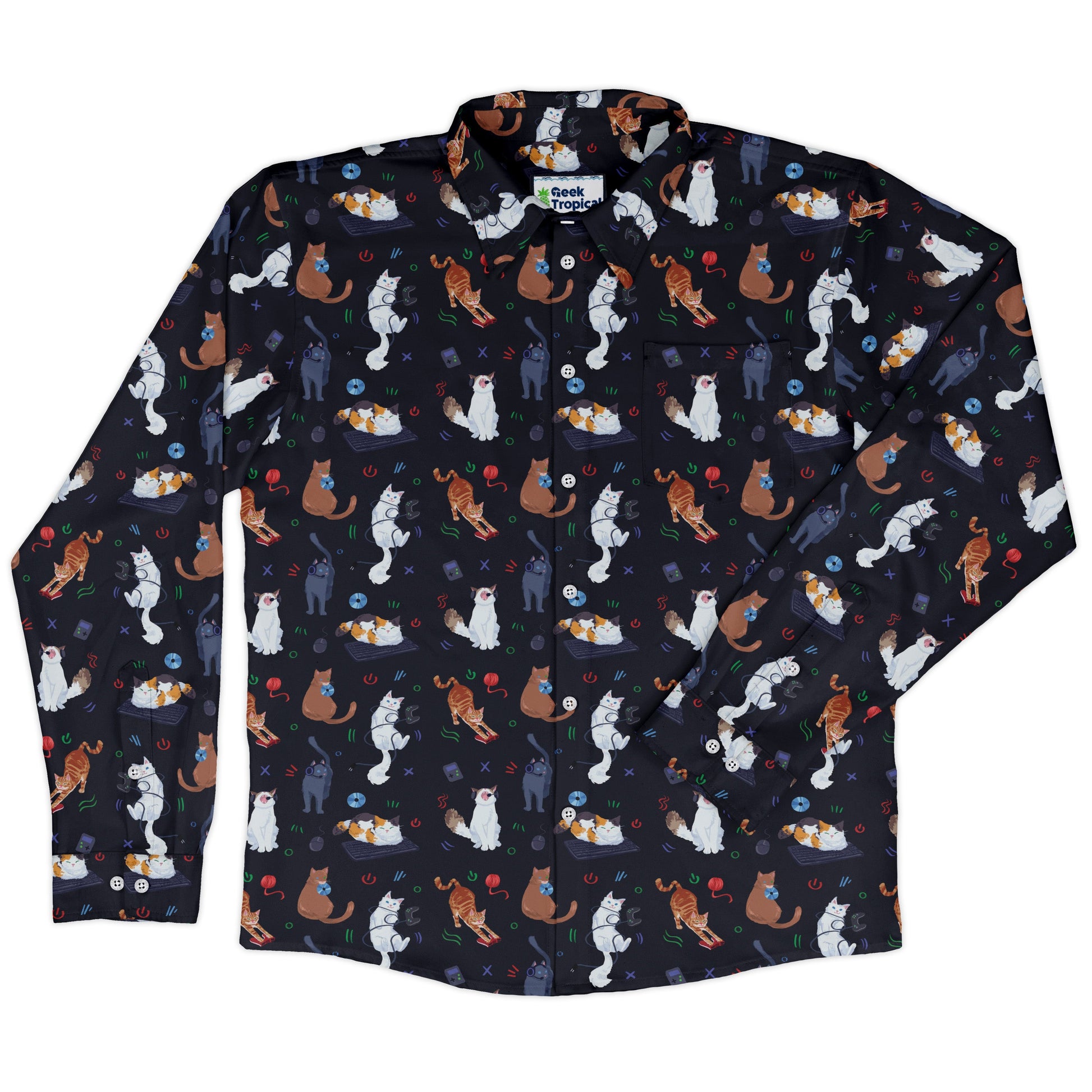 Video Game Cats Dark Long Sleeve Button Up Shirt