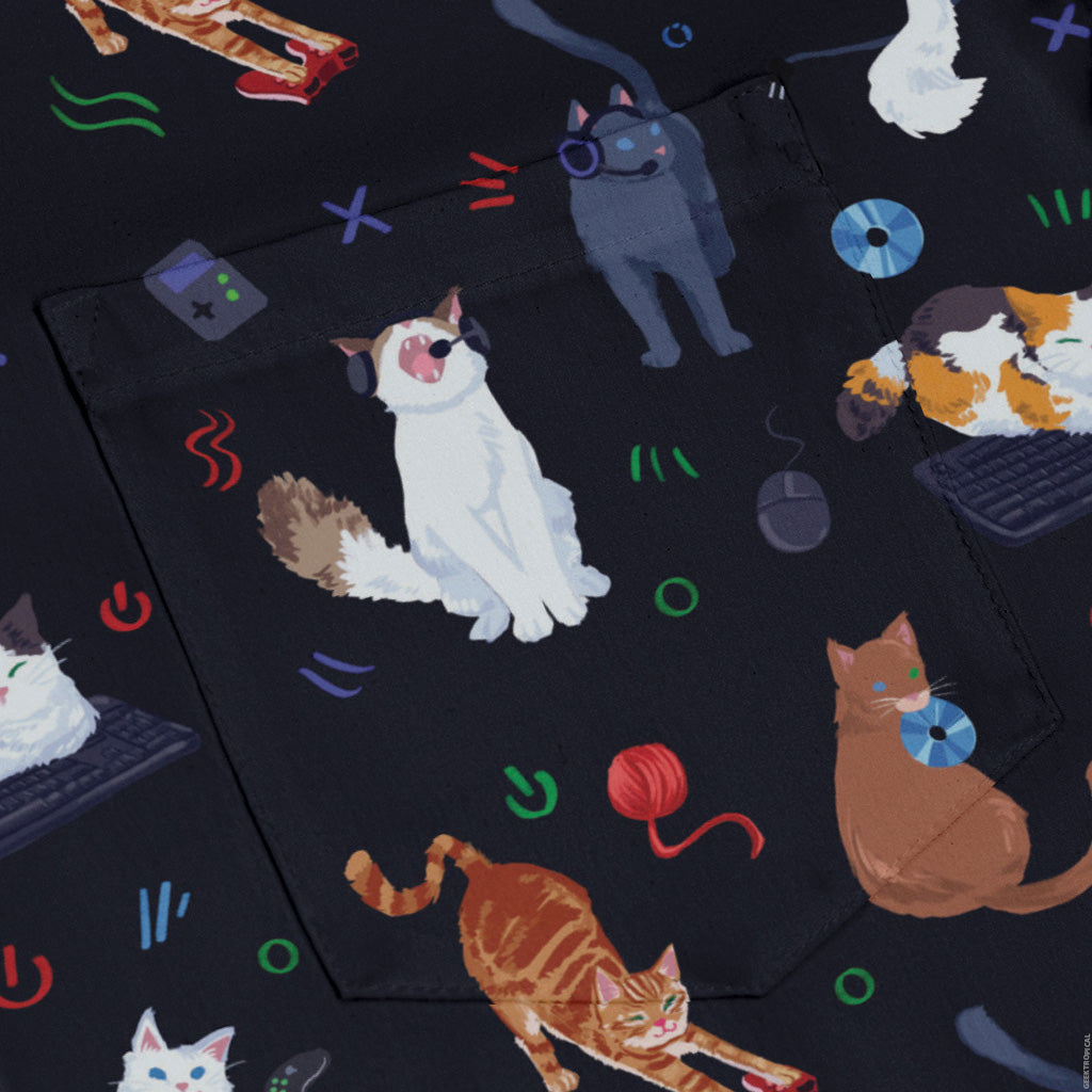 Video Game Cats Dark Long Sleeve Button Up Shirt