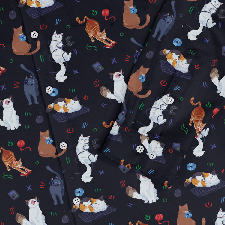 Video Game Cats Dark Long Sleeve Button Up Shirt Geek Nerd adult sizing Animal Patterns Design by Claire Murphy