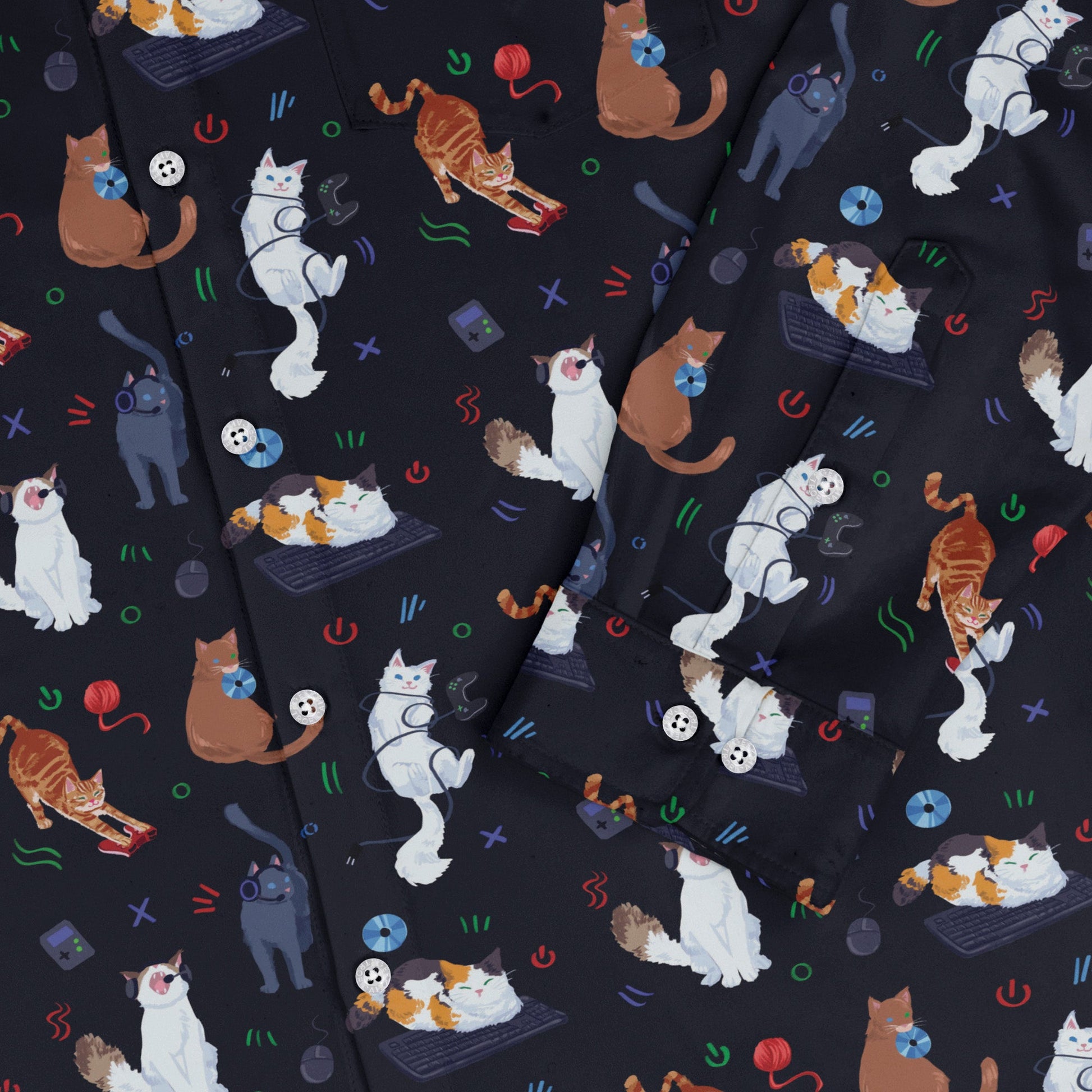 Video Game Cats Dark Long Sleeve Button Up Shirt