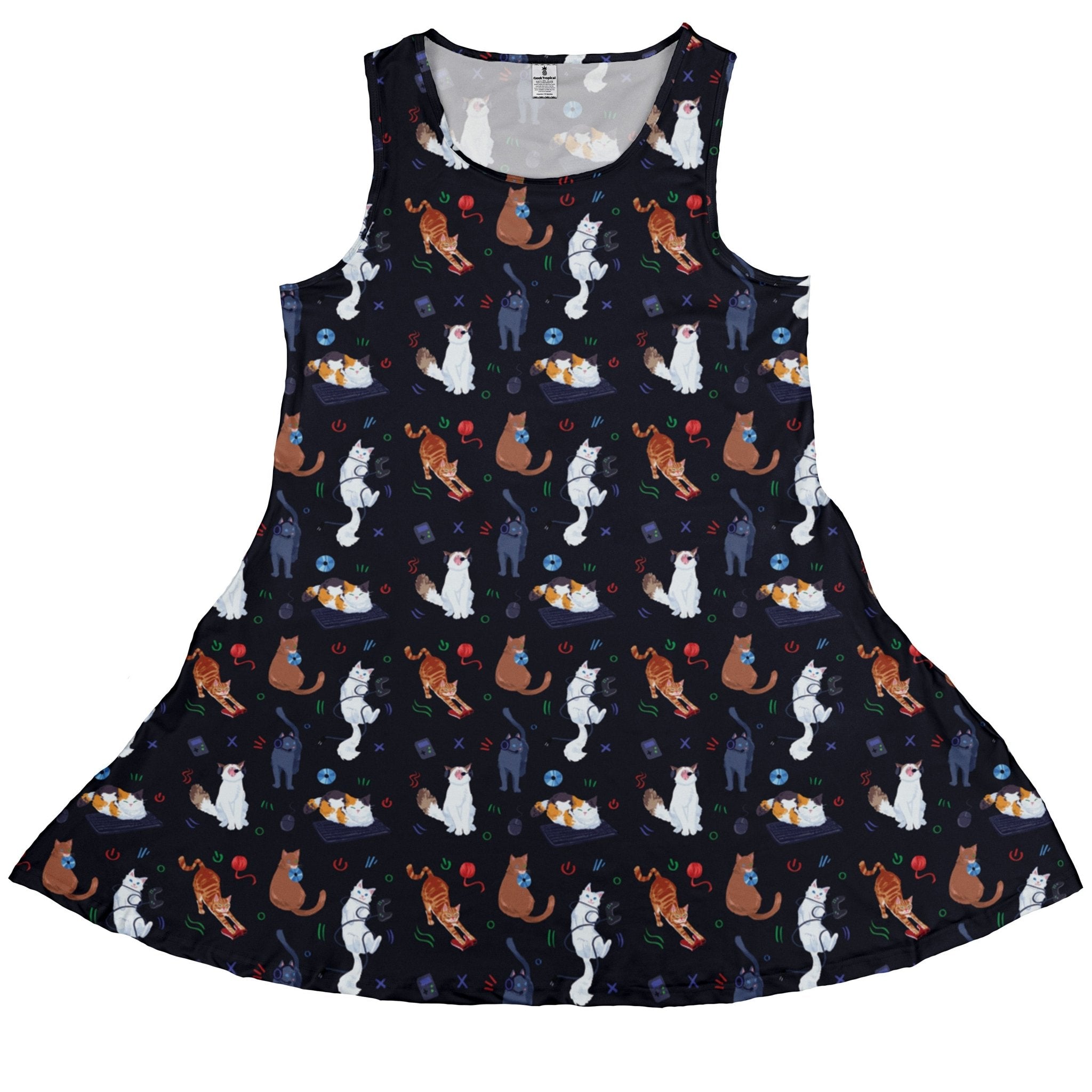 Video Game Cats Dark Dress Geek Nerd Animal Patterns Design by Claire Murphy lx - C