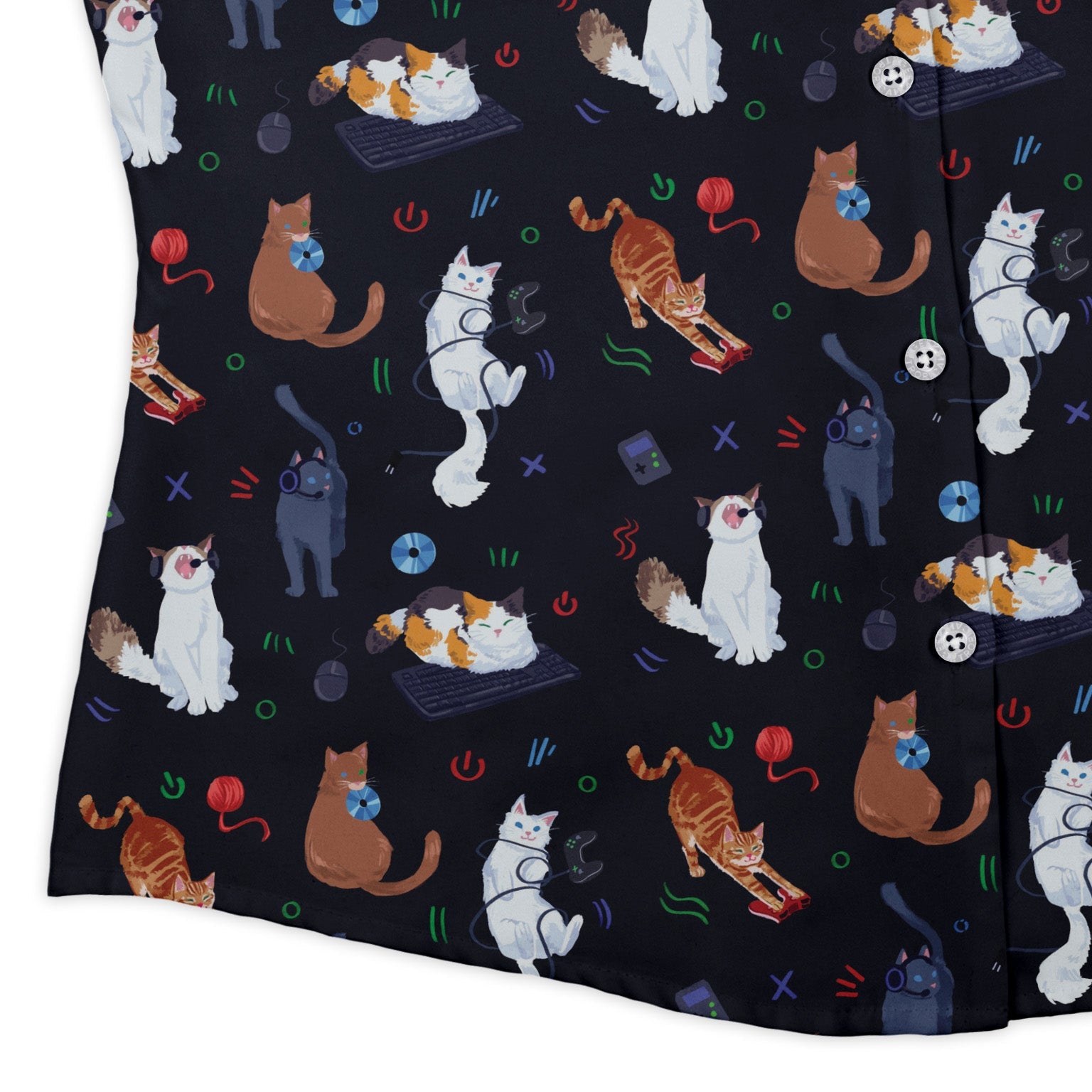 Video Game Cats Dark Curvy Button Up Shirt Geek Nerd Animal Patterns Design by Claire Murphy video game arcade print