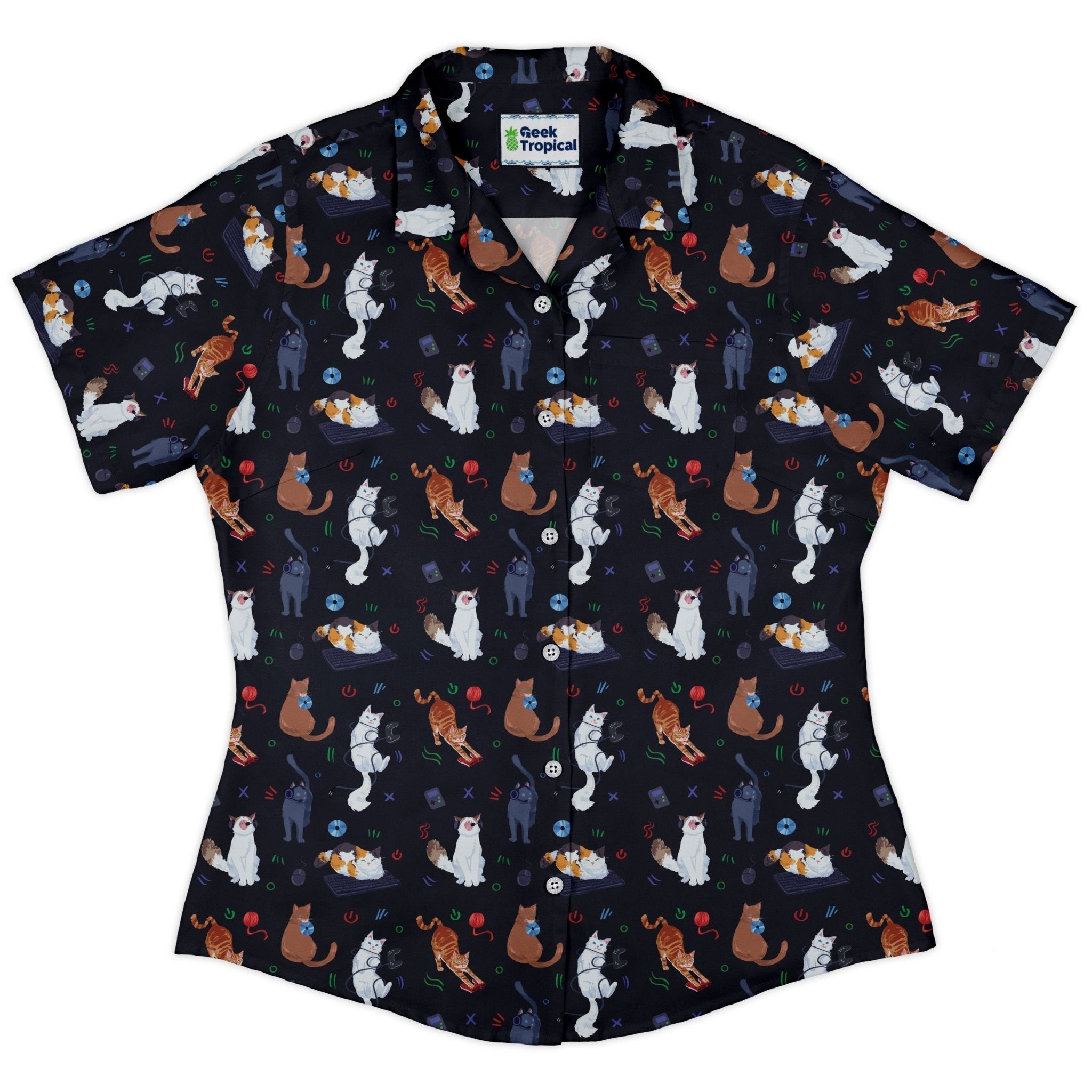 Clearance Ready - to - Ship Video Game Cats Dark Curvy Button Up Shirt Geek Nerd All Adult Button Up Shirts Animal Patterns Clearance