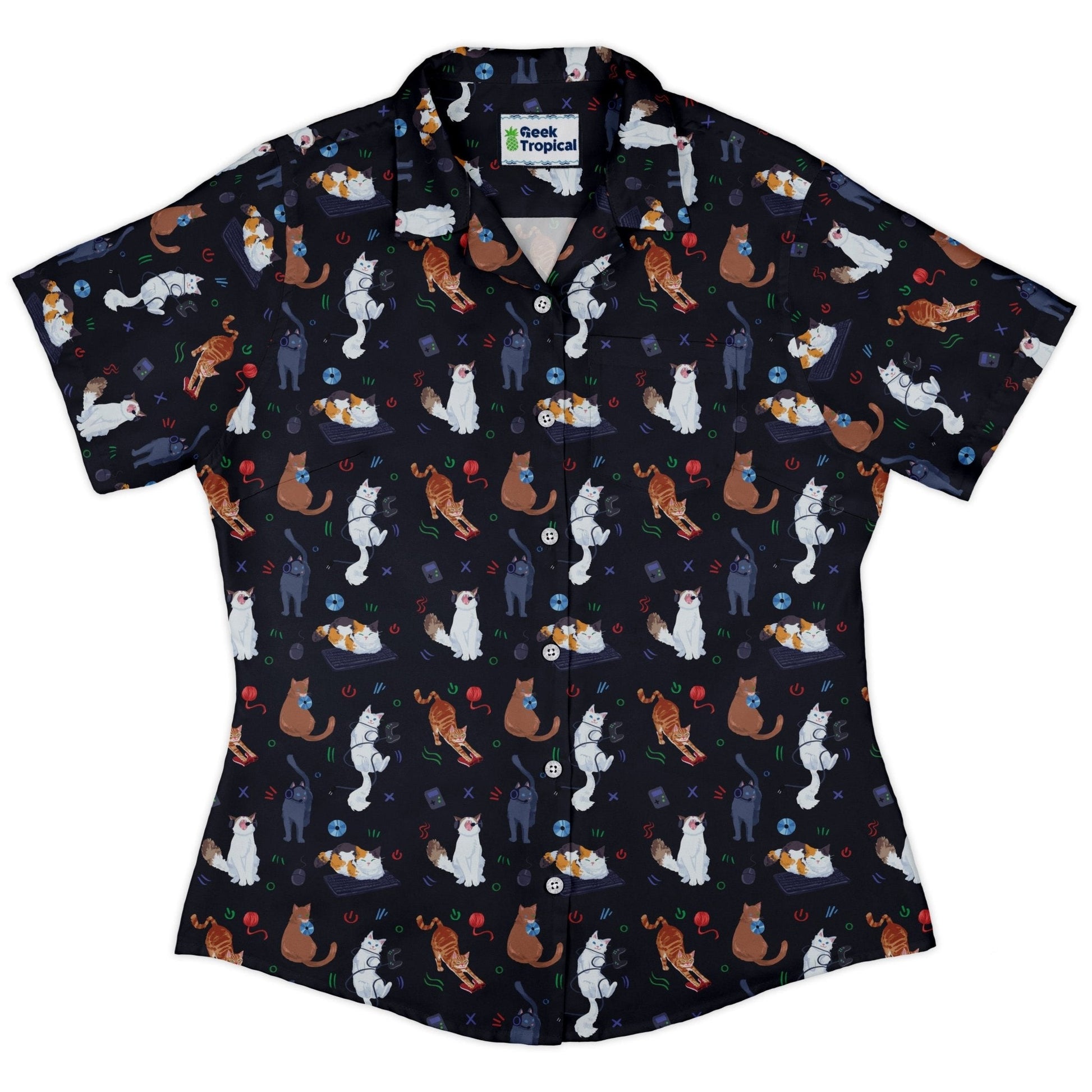 Clearance Ready - to - Ship Video Game Cats Dark Curvy Button Up Shirt Geek Nerd All Adult Button Up Shirts Animal Patterns Clearance