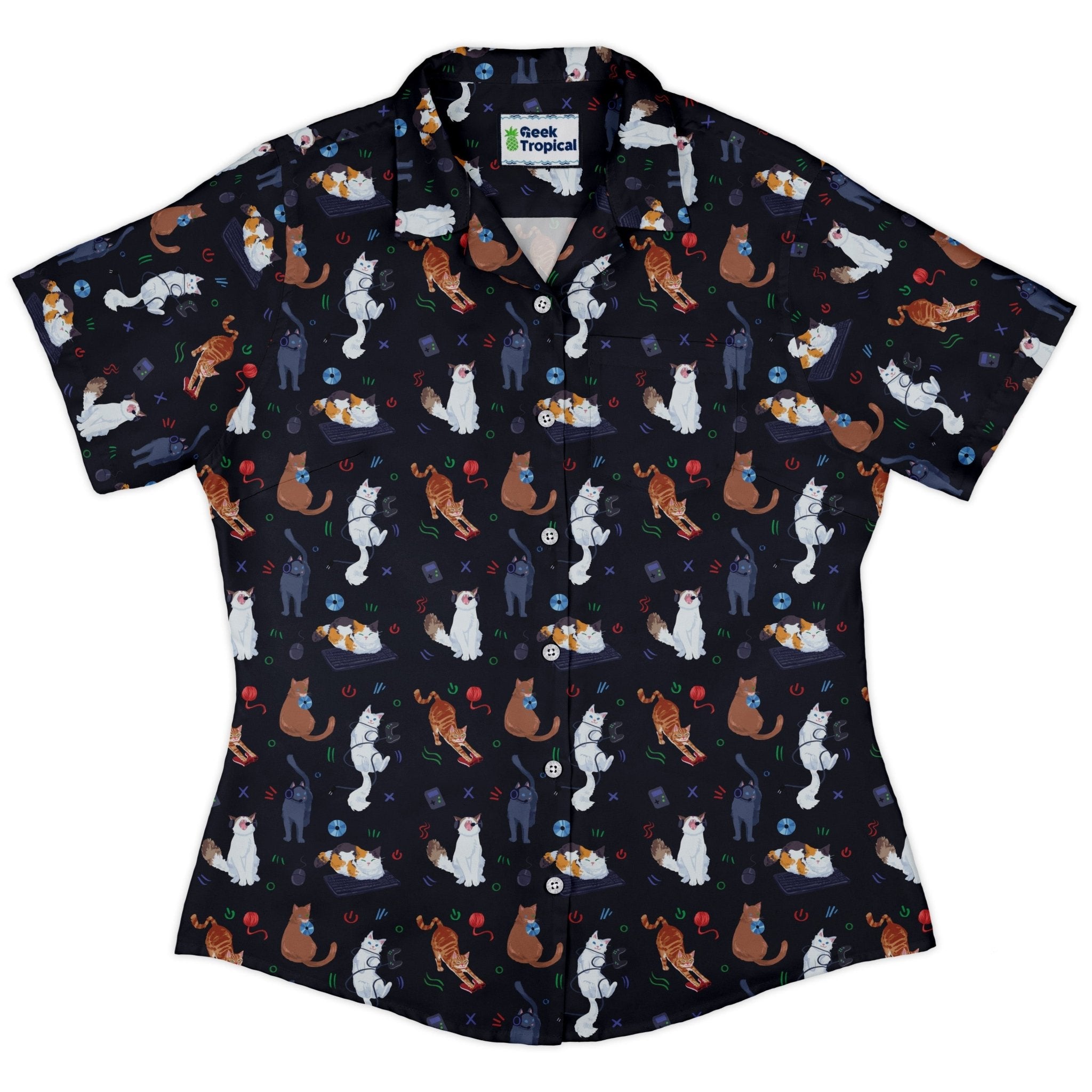 Video Game Cats Dark Curvy Button Up Shirt Geek Nerd Animal Patterns Design by Claire Murphy video game arcade print