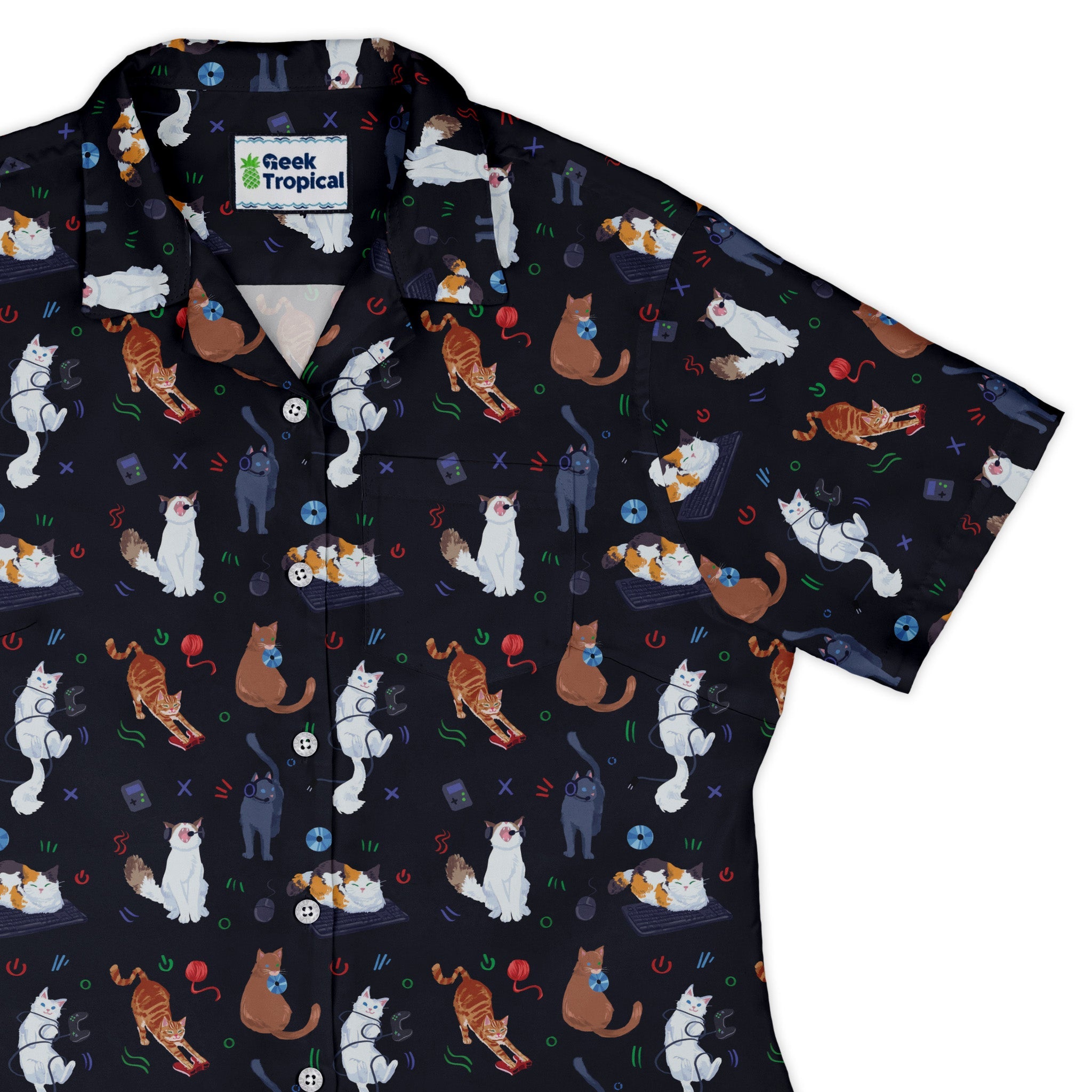 Video Game Cats Dark Curvy Button Up Shirt Geek Nerd Animal Patterns Design by Claire Murphy video game arcade print