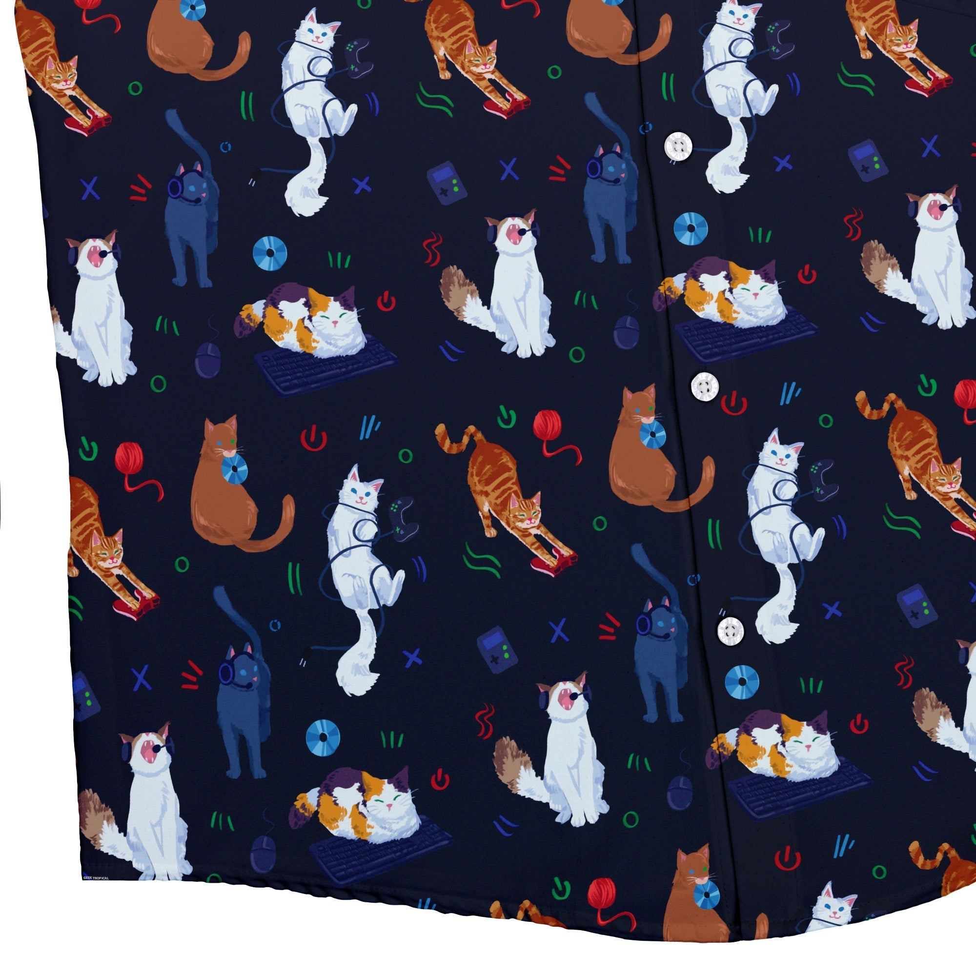 Ready-to-Ship Video Game Cats Dark Button Up Shirt - adult sizing - Animal Patterns - Design by Claire Murphy