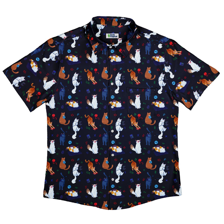 Ready - to - Ship Video Game Cats Dark Button Up Shirt Geek Nerd adult sizing Animal Patterns Design by Claire Murphy