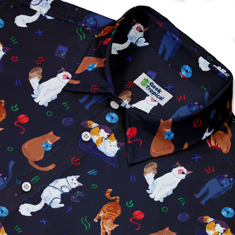 Ready - to - Ship Video Game Cats Dark Button Up Shirt Geek Nerd adult sizing Animal Patterns Design by Claire Murphy