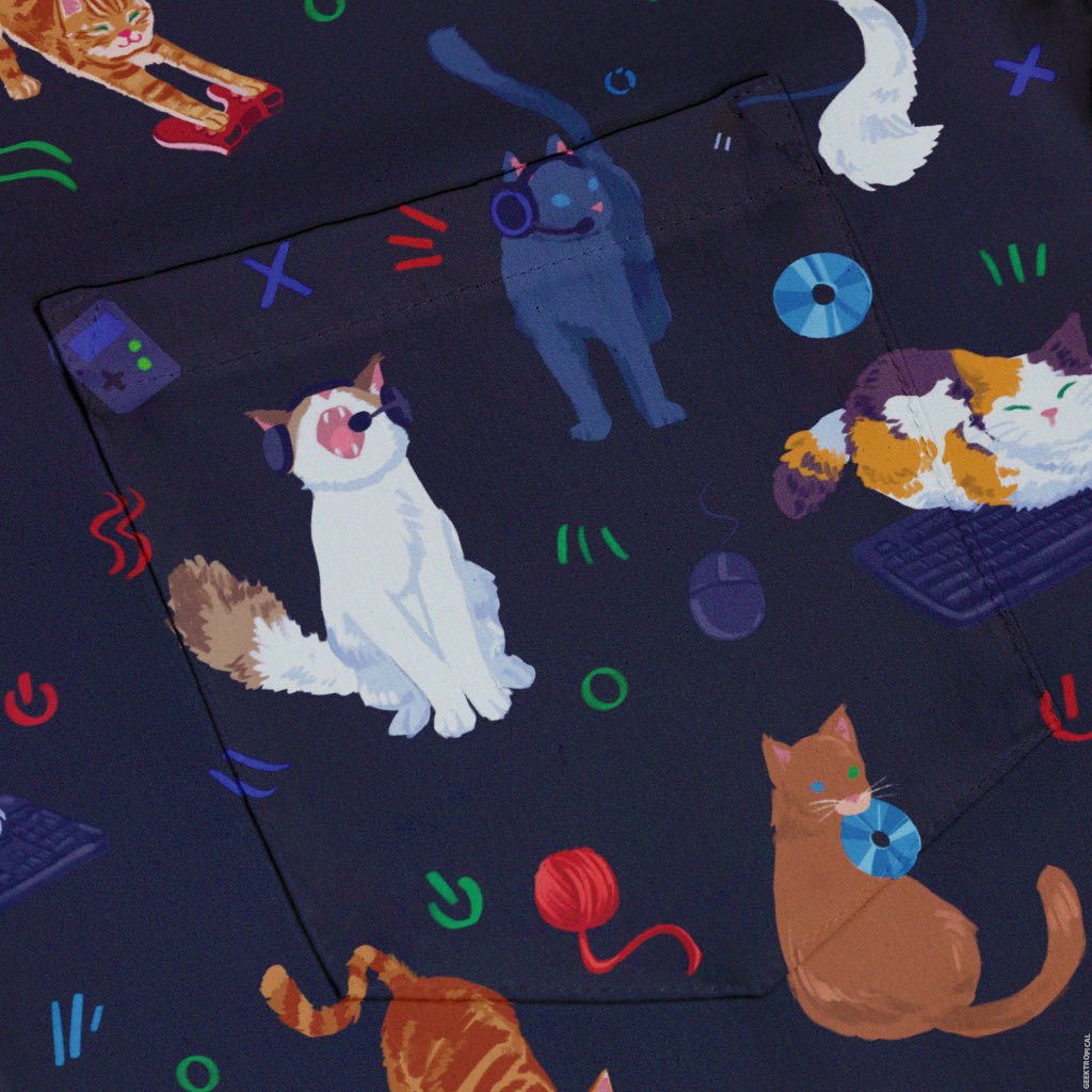 Video Game Cats Dark Button Up Shirt - adult sizing - Animal Patterns - Design by Claire Murphy