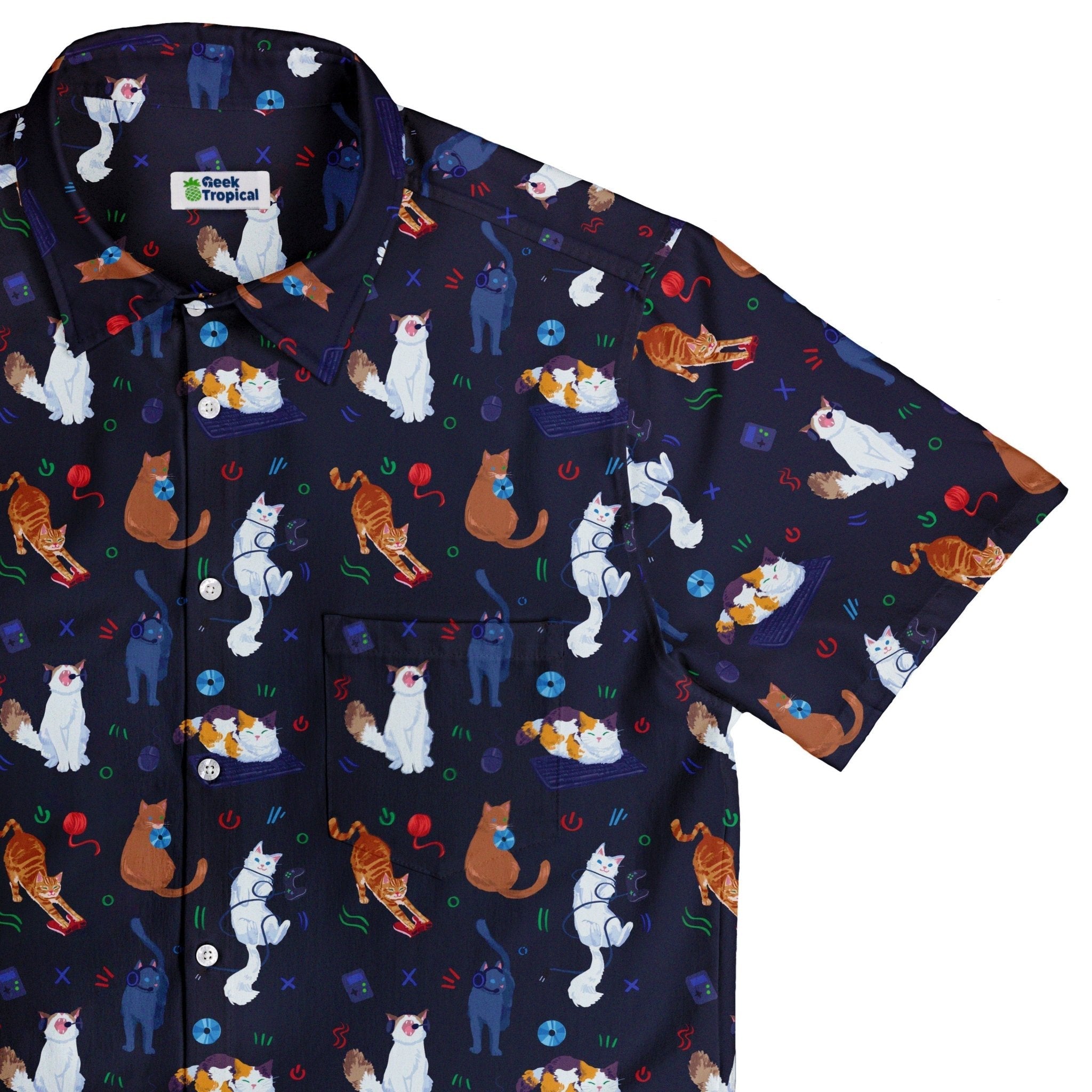 Ready-to-Ship Video Game Cats Dark Button Up Shirt - adult sizing - Animal Patterns - Design by Claire Murphy