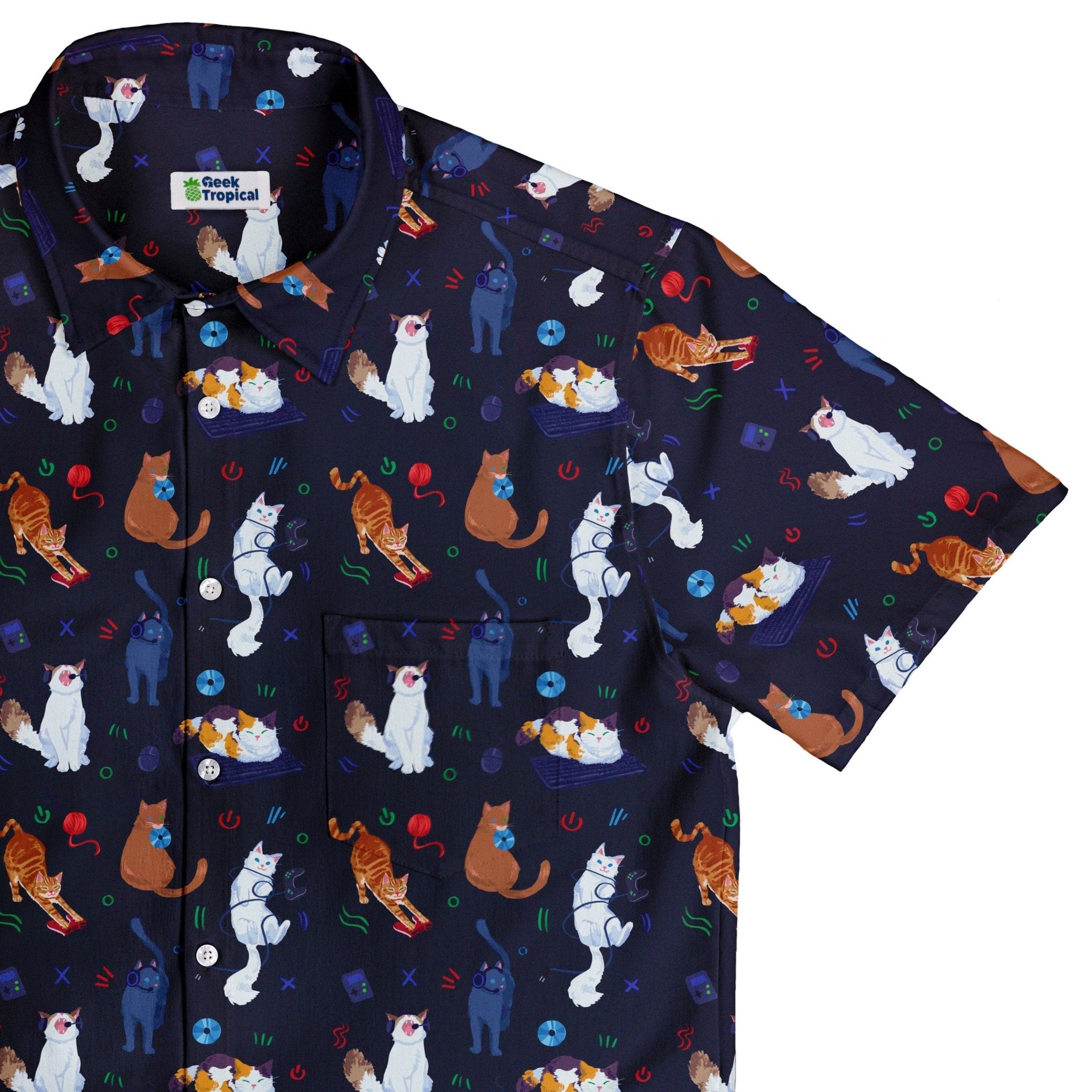 Ready - to - Ship Video Game Cats Dark Button Up Shirt Geek Nerd adult sizing Animal Patterns Design by Claire Murphy