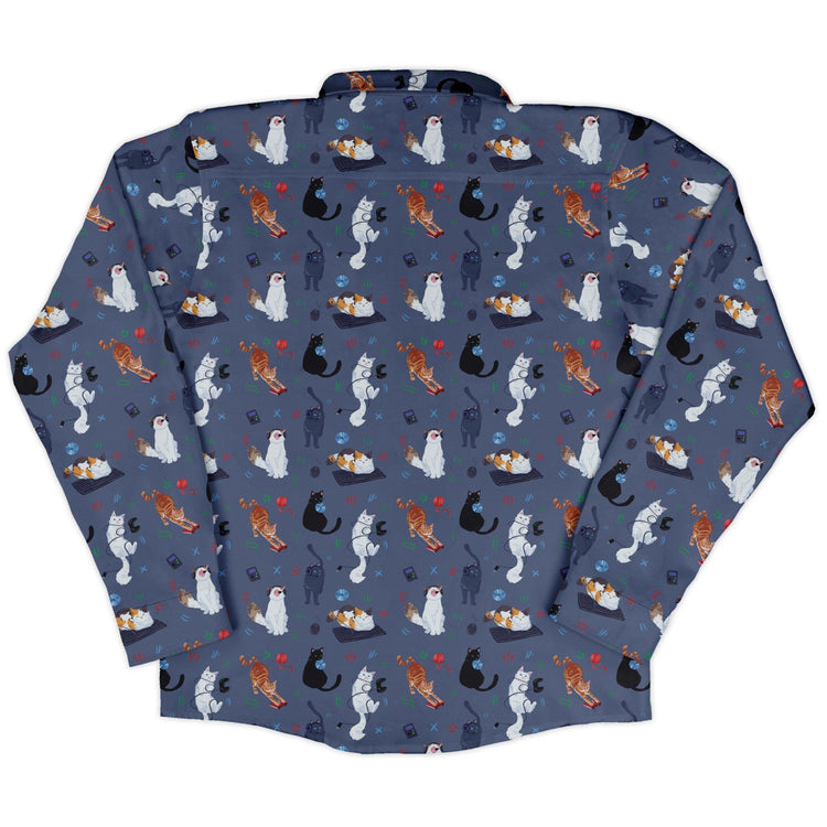 Video Game Cats Light Long Sleeve Button Up Shirt Geek Nerd adult sizing Animal Patterns Design by Claire Murphy
