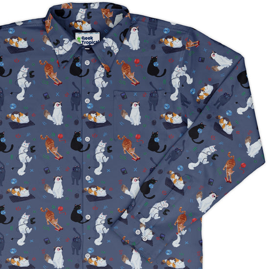 Video Game Cats Light Long Sleeve Button Up Shirt Geek Nerd adult sizing Animal Patterns Design by Claire Murphy
