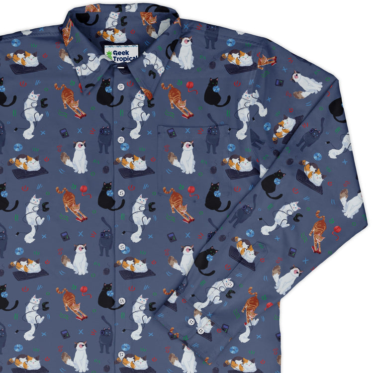 Video Game Cats Light Long Sleeve Button Up Shirt Geek Nerd adult sizing Animal Patterns Design by Claire Murphy