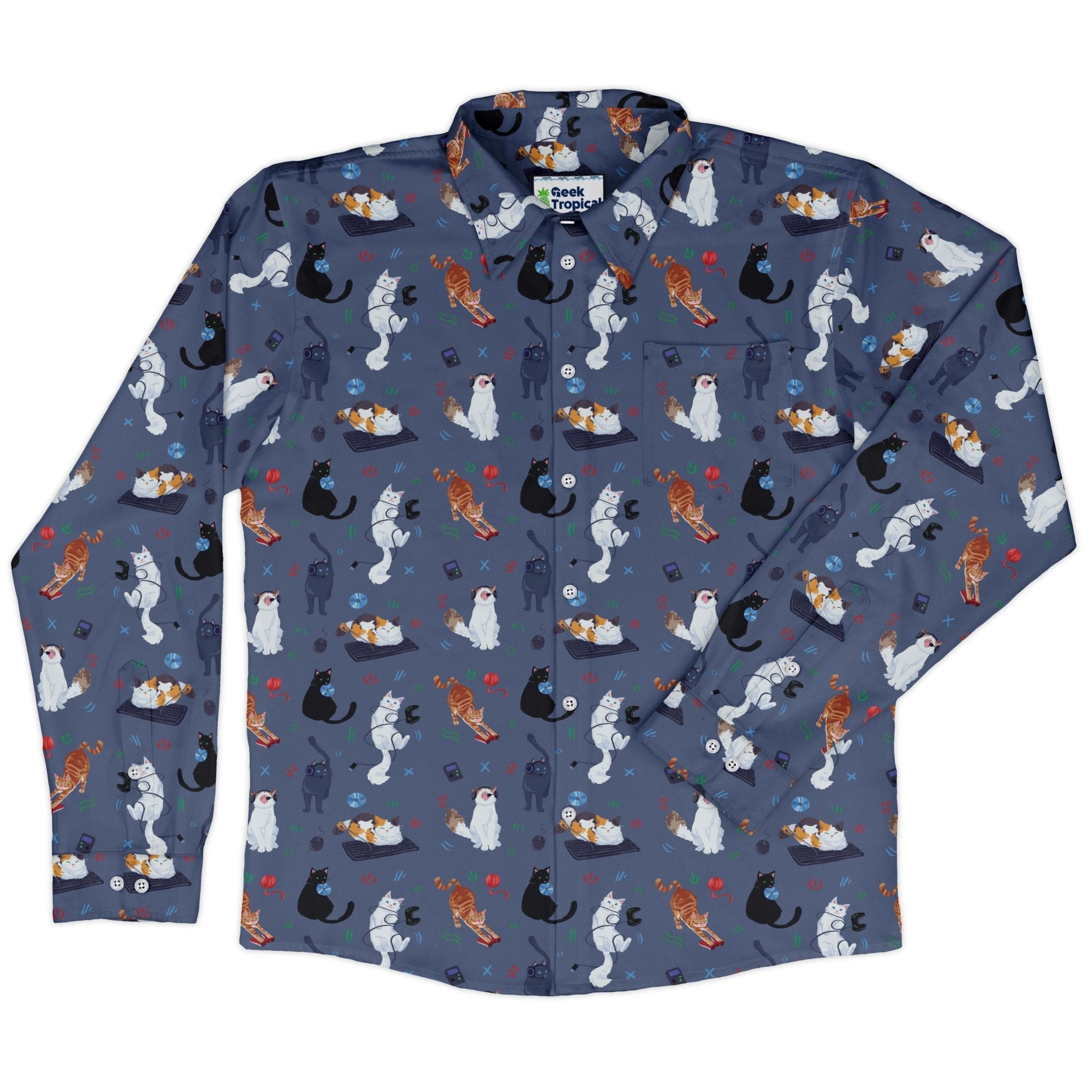 Video Game Cats Light Long Sleeve Button Up Shirt Geek Nerd adult sizing Animal Patterns Design by Claire Murphy