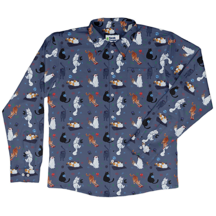 Video Game Cats Light Long Sleeve Button Up Shirt Geek Nerd adult sizing Animal Patterns Design by Claire Murphy