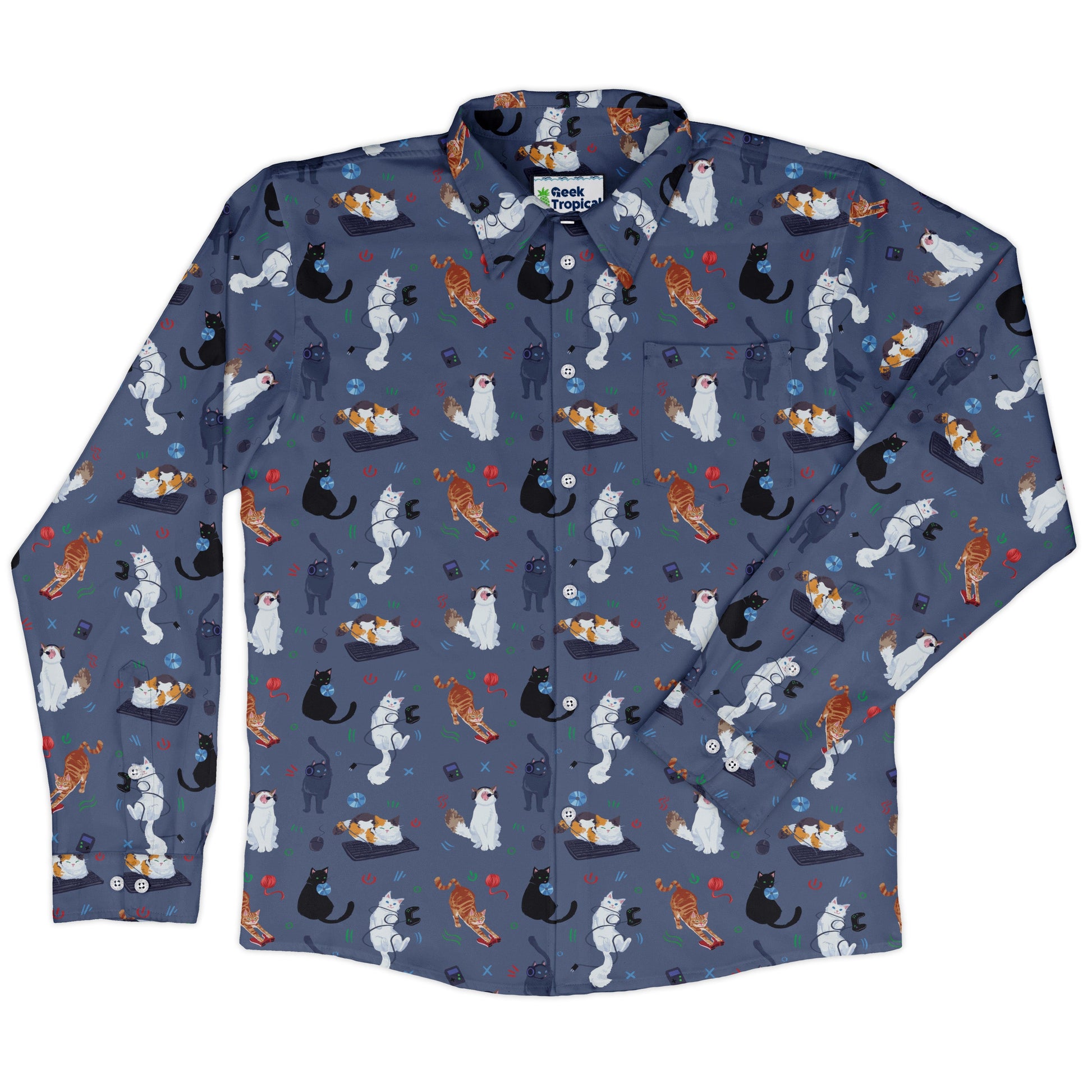 Video Game Cats Light Long Sleeve Button Up Shirt
