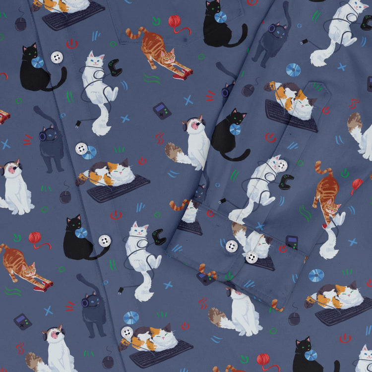 Video Game Cats Light Long Sleeve Button Up Shirt Geek Nerd adult sizing Animal Patterns Design by Claire Murphy