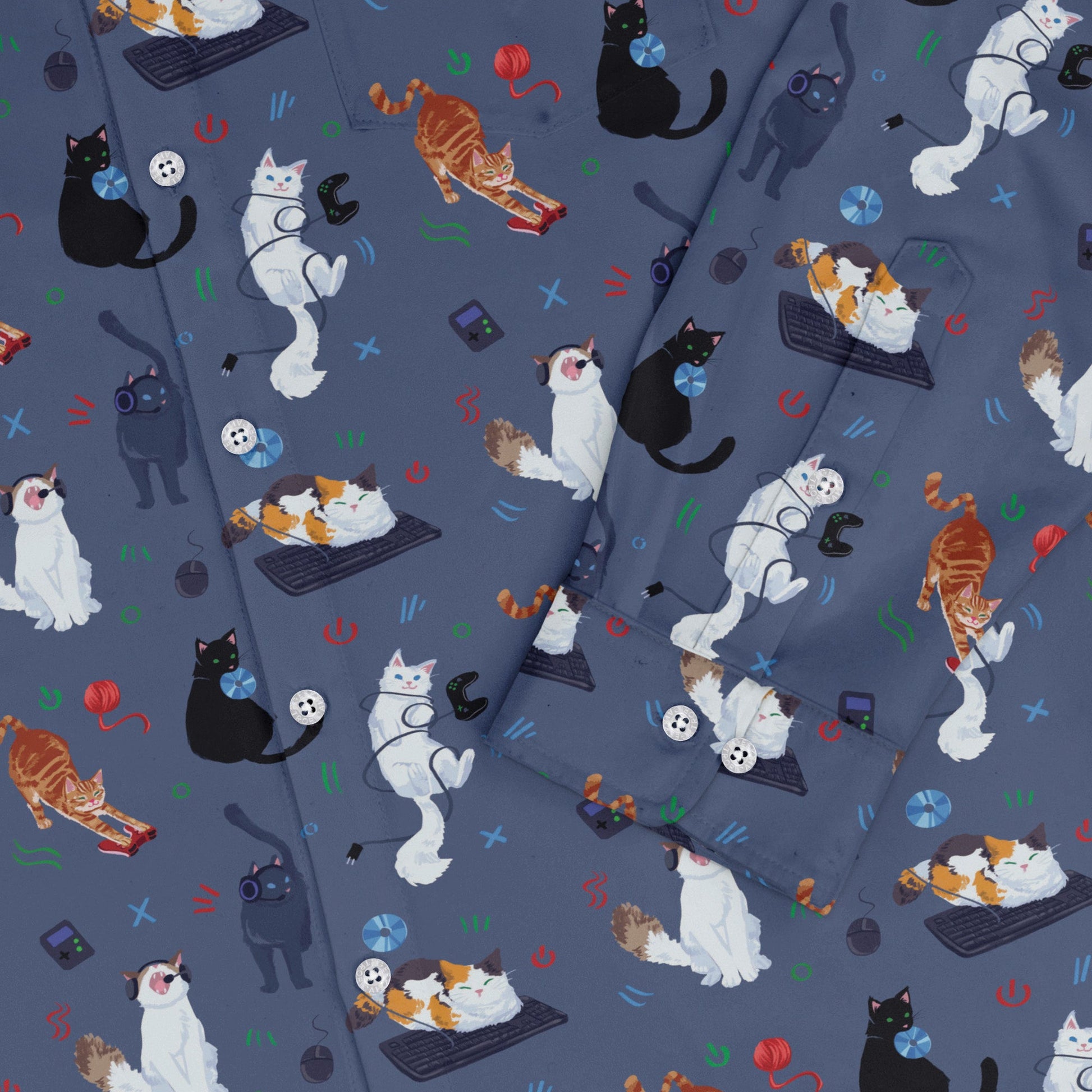 Video Game Cats Light Long Sleeve Button Up Shirt
