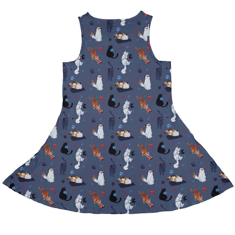 Video Game Cats Light Dress Geek Nerd Animal Patterns Design by Claire Murphy lx - C