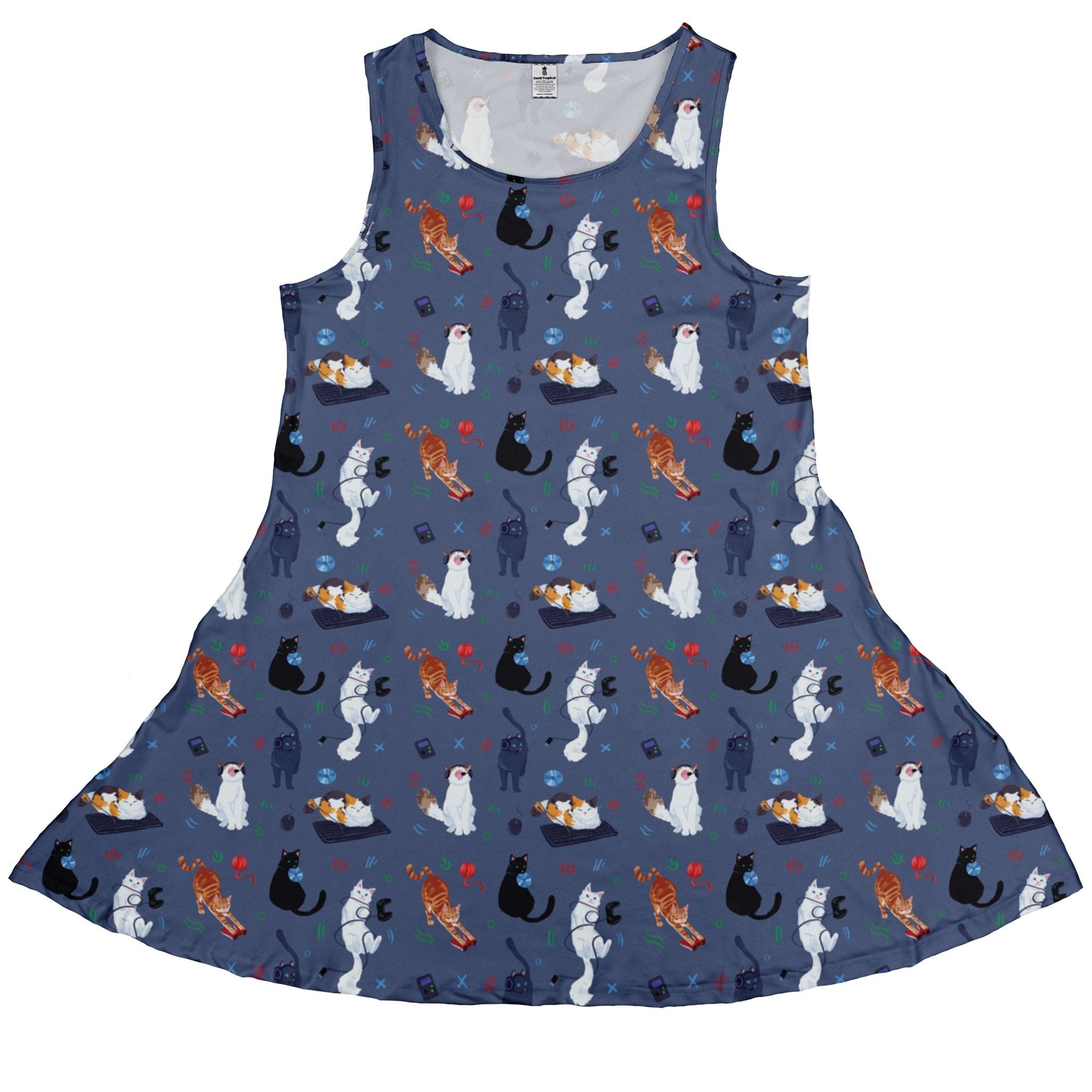 Video Game Cats Light Dress Geek Nerd Animal Patterns Design by Claire Murphy lx - C